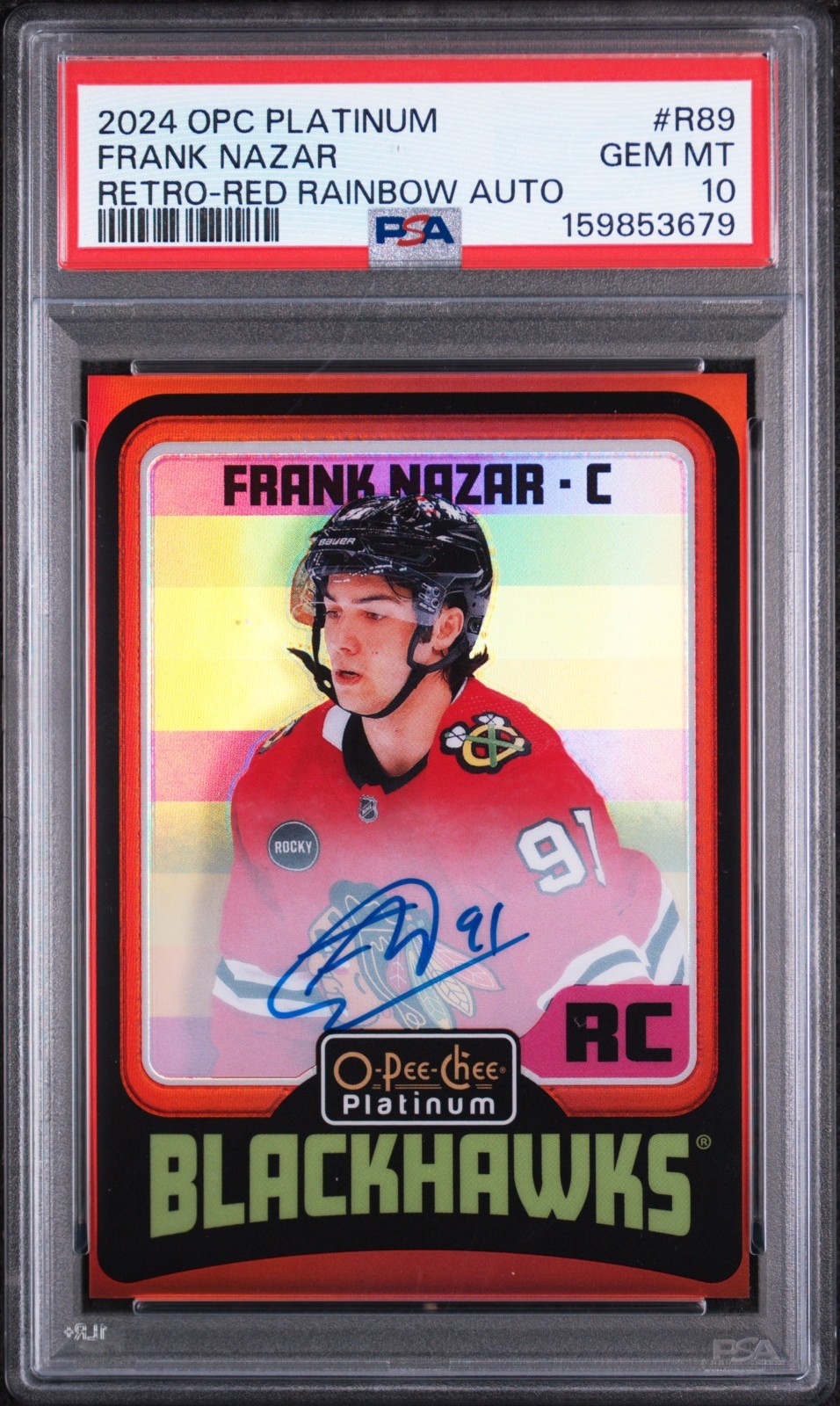 Frank Nazar 2024-25 O-Pee-Chee Platinum Retro Red Rainbow Rookie Auto PSA 10