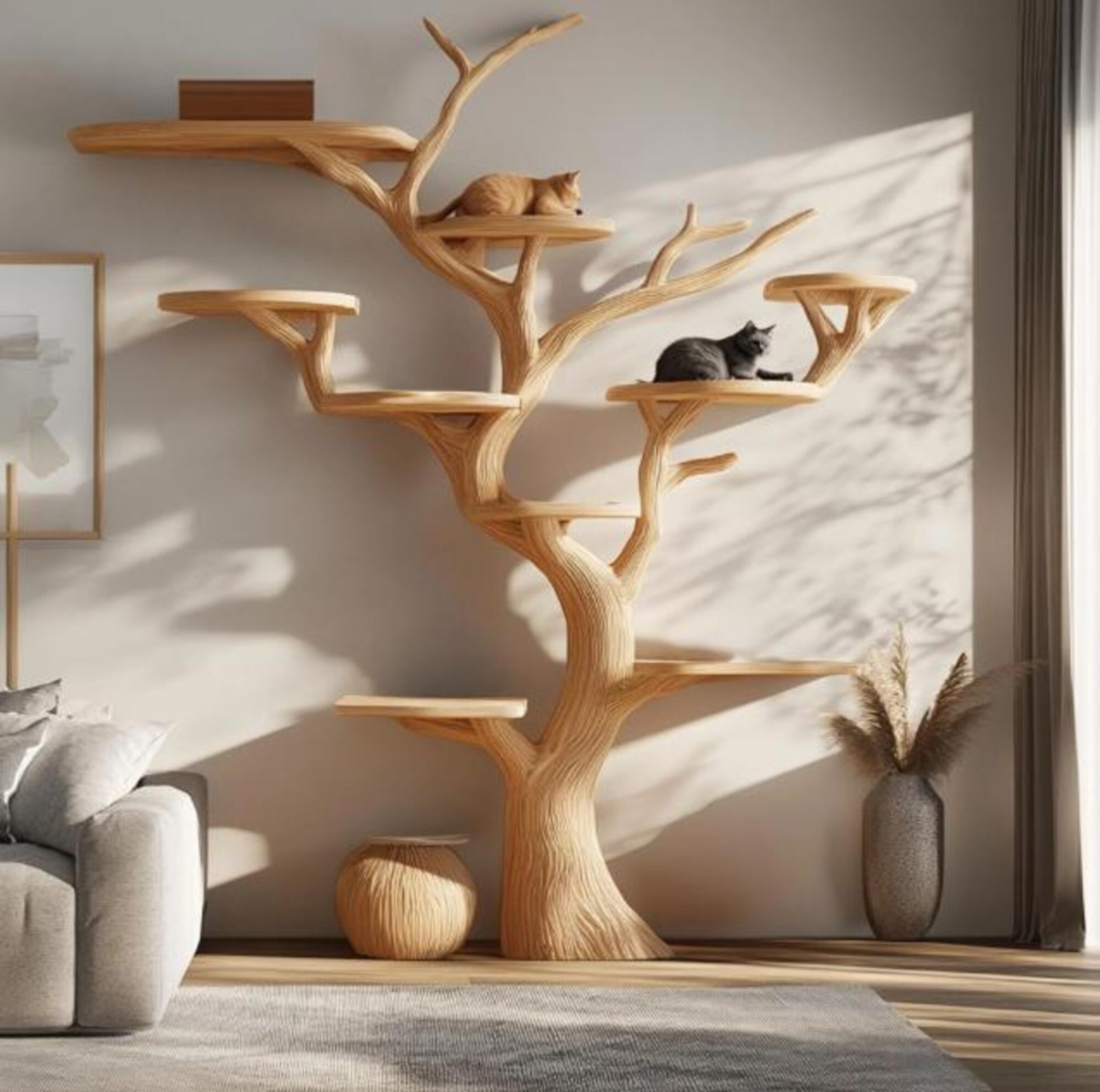 Wooden Tree Shaped Cat Tree Wooden Handmade Unique, Modern Cat Furniture Home De