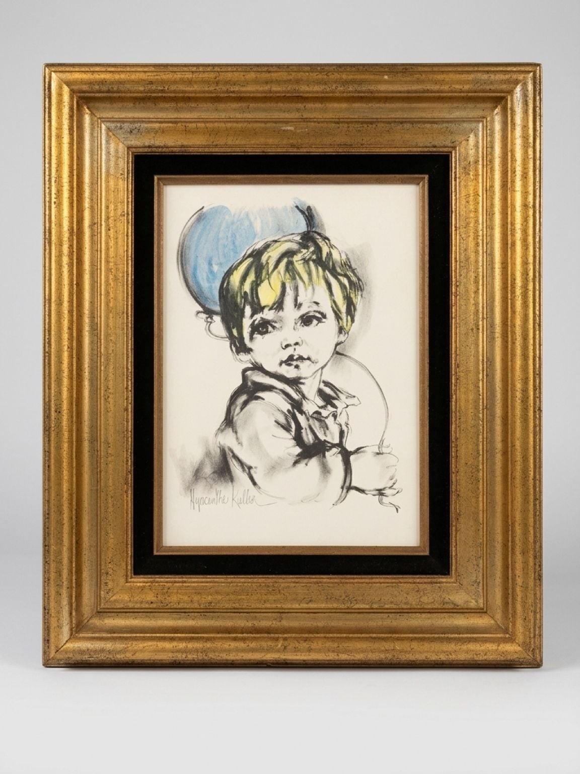 Hyacinthe Kuller Baron Signed Colored Lithograph Boy with Balloon Framed Art Hyacinthe Kuller Baron Signed Colored Lithograph Boy with Balloon Framed Art