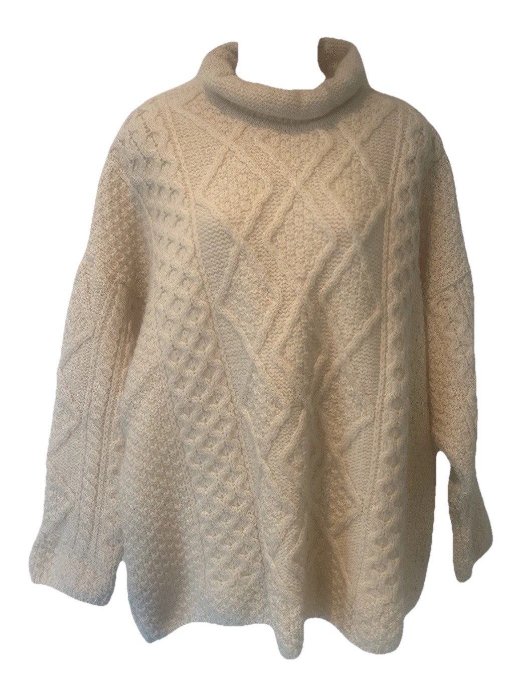 Irelands Eye Knitwear Ivory New Wool Cable Knit Fisherman Roll Nk Sweater~XL Irelands Eye Knitwear Ivory New Wool Cable Knit Fisherman Roll Nk Sweater~XL