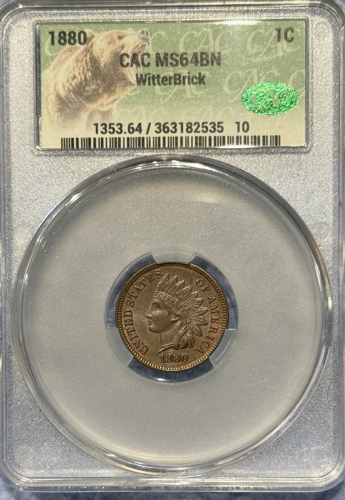 1880 Indian Head Cent 1c CAC MS64BN Choice BU Premium Quality Penny Cert