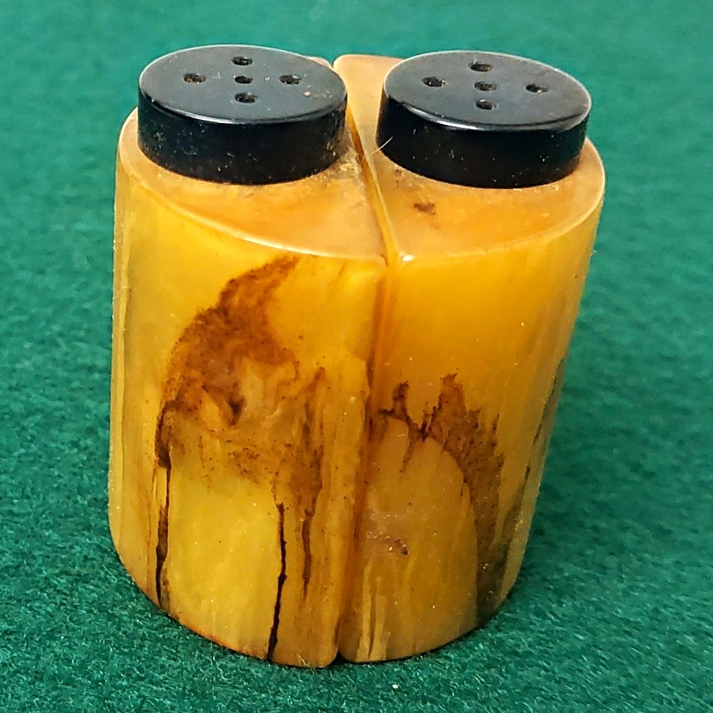 Vintage 1930s Art Deco Marbled Butterscotch Bakelite Half-Moon Salt & Pepper Set