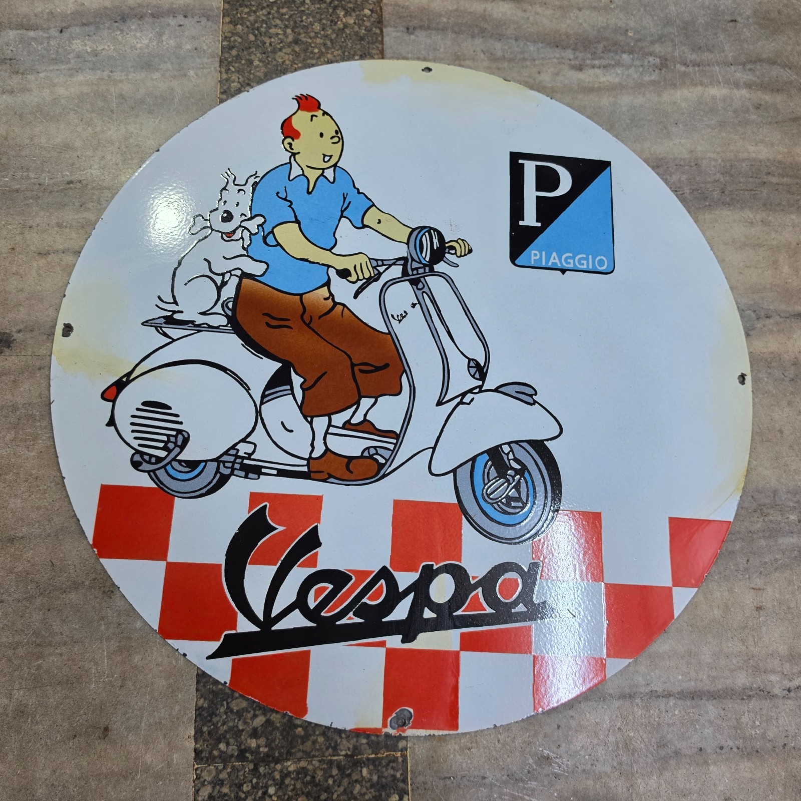 VESPA TINTIN PORCELAIN ENAMEL SIGN 29 X 29 INCHES