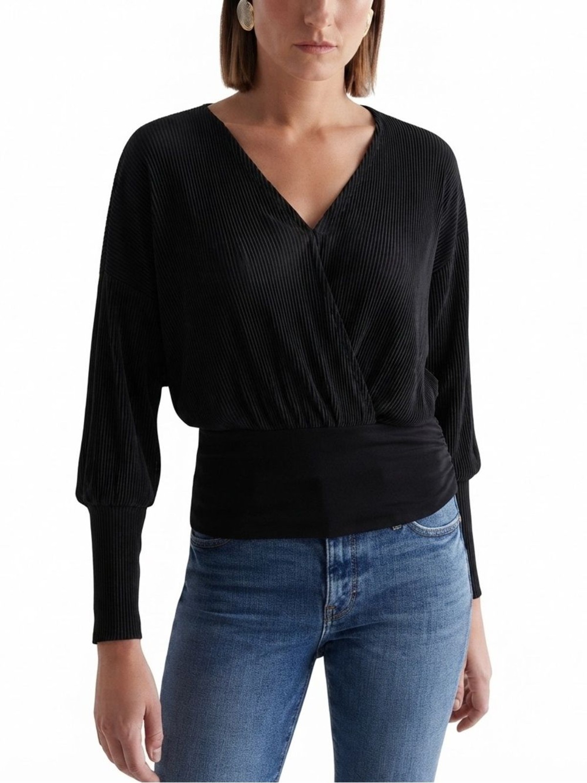 Express Black Pleated Wrap Long-Sleeve Blouse M NWT