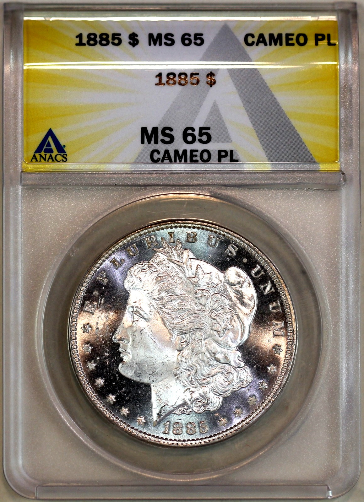* 1885-P * ANACS MS65 CAMEO PL MORGAN SILVER DOLLAR * WHITE FROSTY DEVICES *