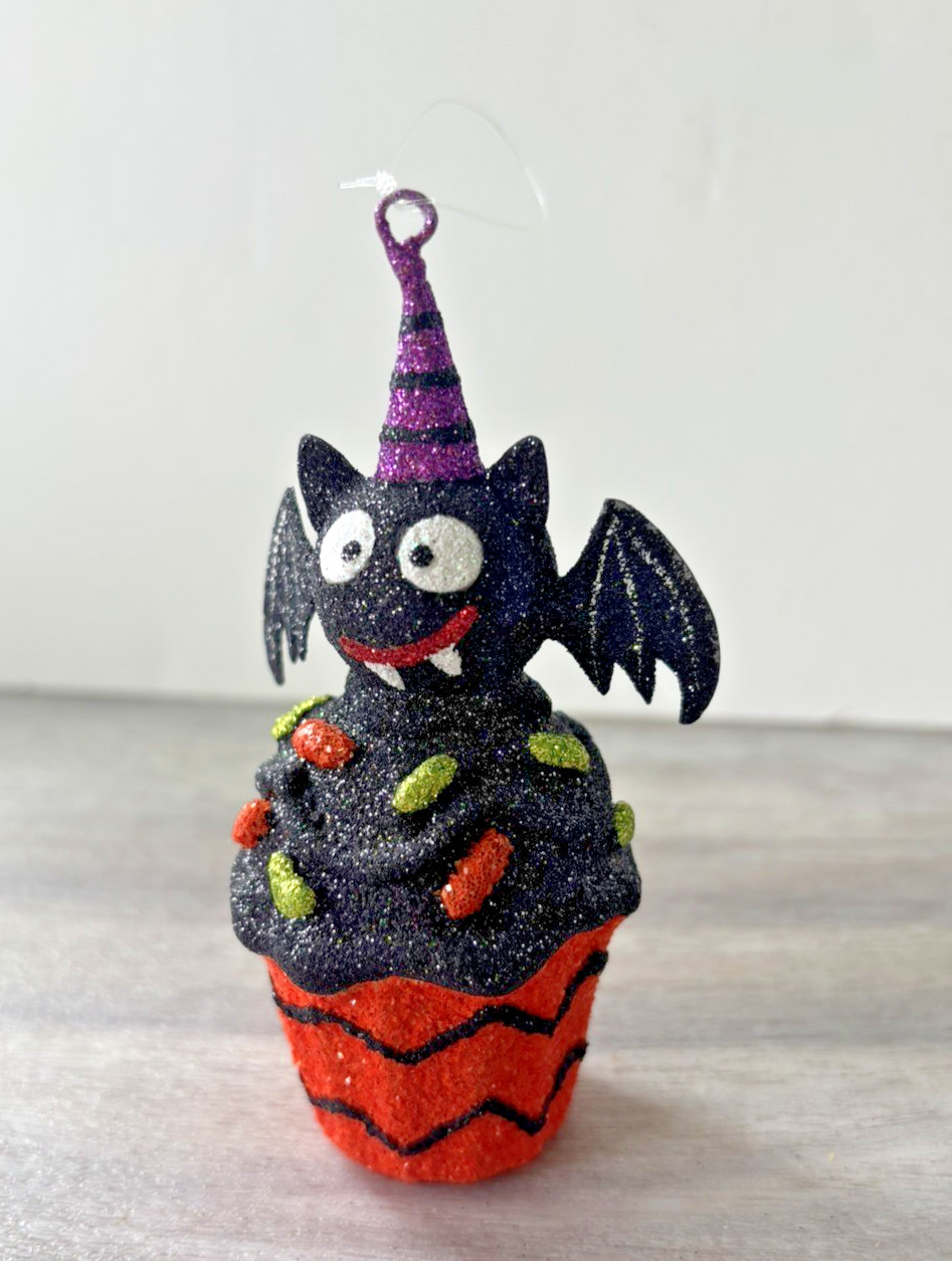 Pier 1  Vintage Halloween Bat on Cupcake Ornament Glitter Fun Pier One Rare HTF