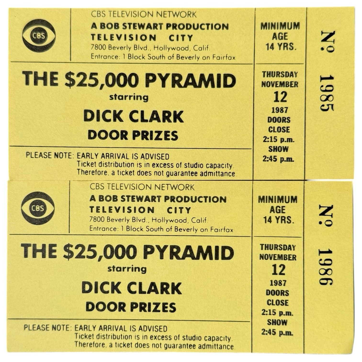 Vintage 1987 CBS Dick Clark $25,000 Pyramid TV Television Audience Tickets Two