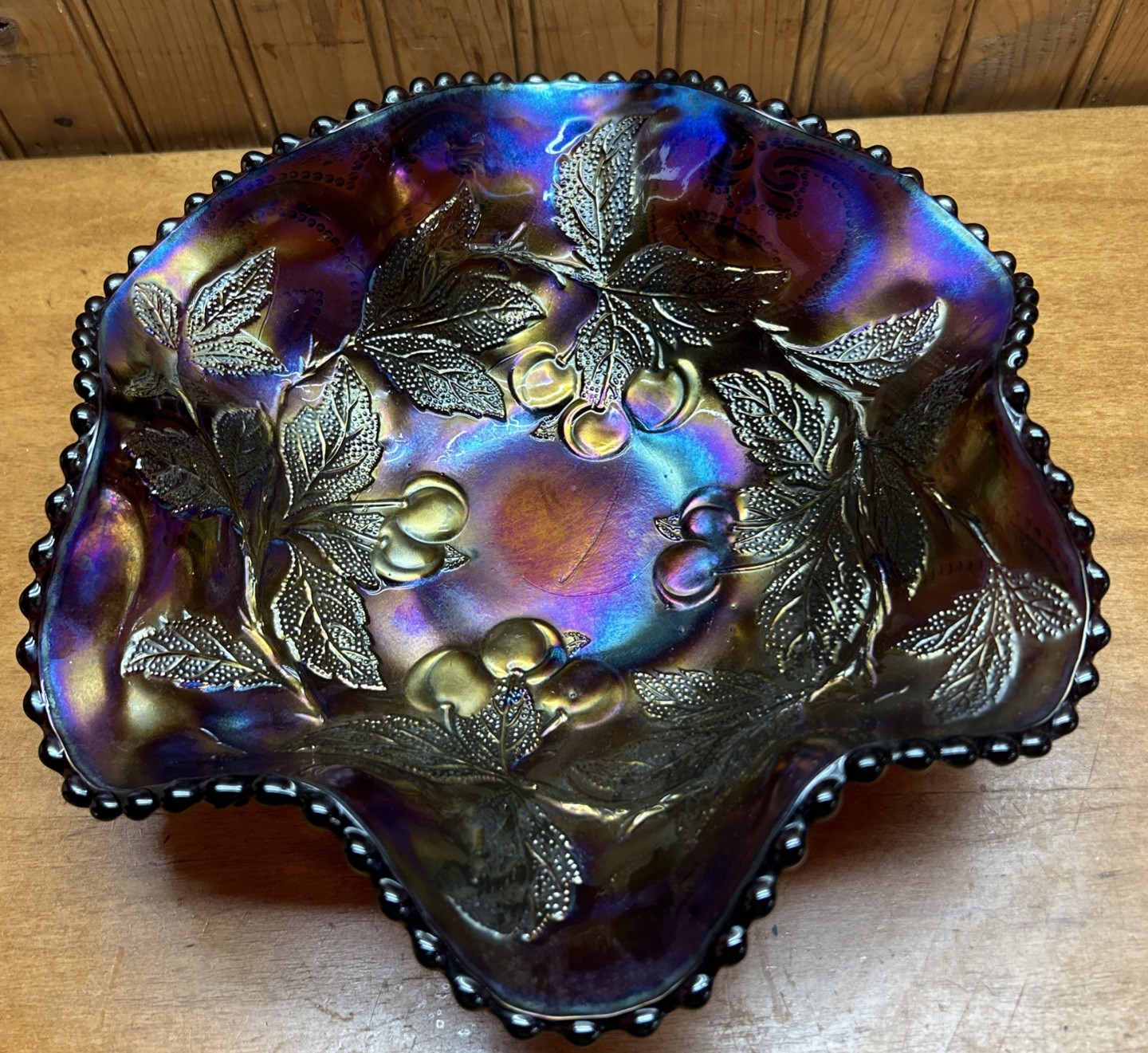 Antique Dugan Cherries Amethyst Carnival glass  Bowl purple 9.5” gorgeous
