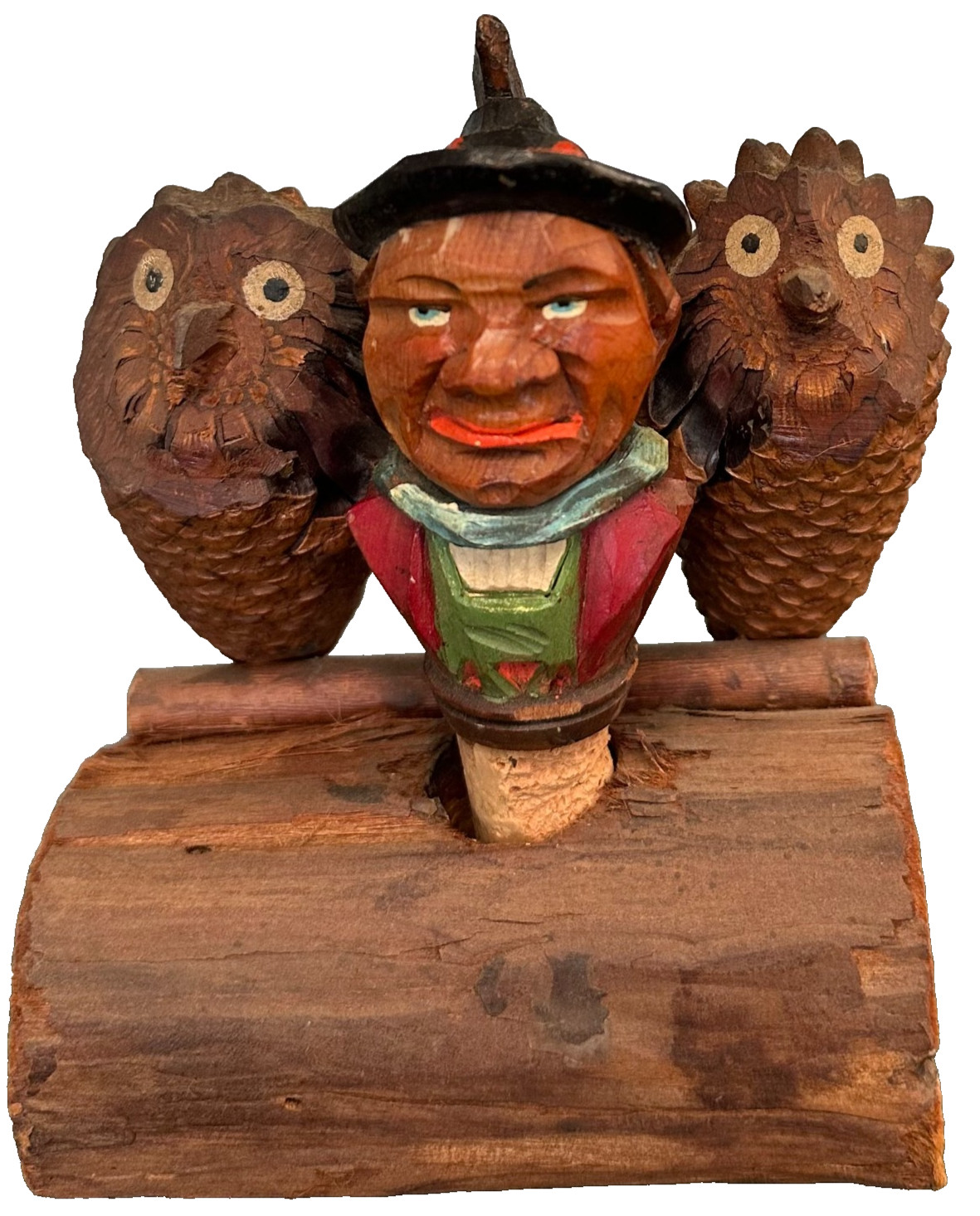 Vtg Bavarian Man Carved Wood BottleStopper w Pine Cone 2 Owl Log Stand AnriStyle Vtg Bavarian Man Carved Wood BottleStopper w Pine Cone 2 Owl Log Stand AnriStyle