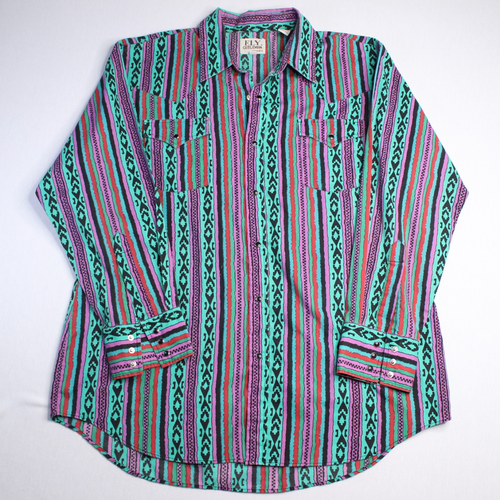 Vintage Ely Cattleman Pearl Snap Long Sleeve Aztec Southwestern Shirt 17 34