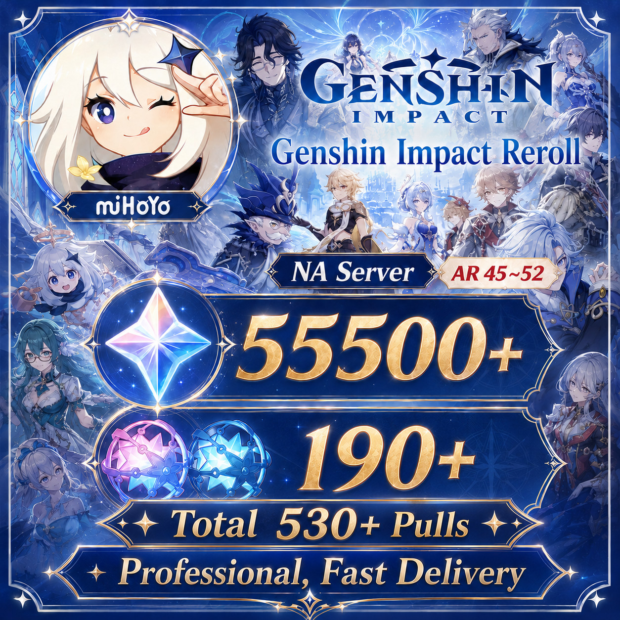 Genshin Impact (NA) Reroll 55500 Primogem | 190 Wishes | 530+ Pulls