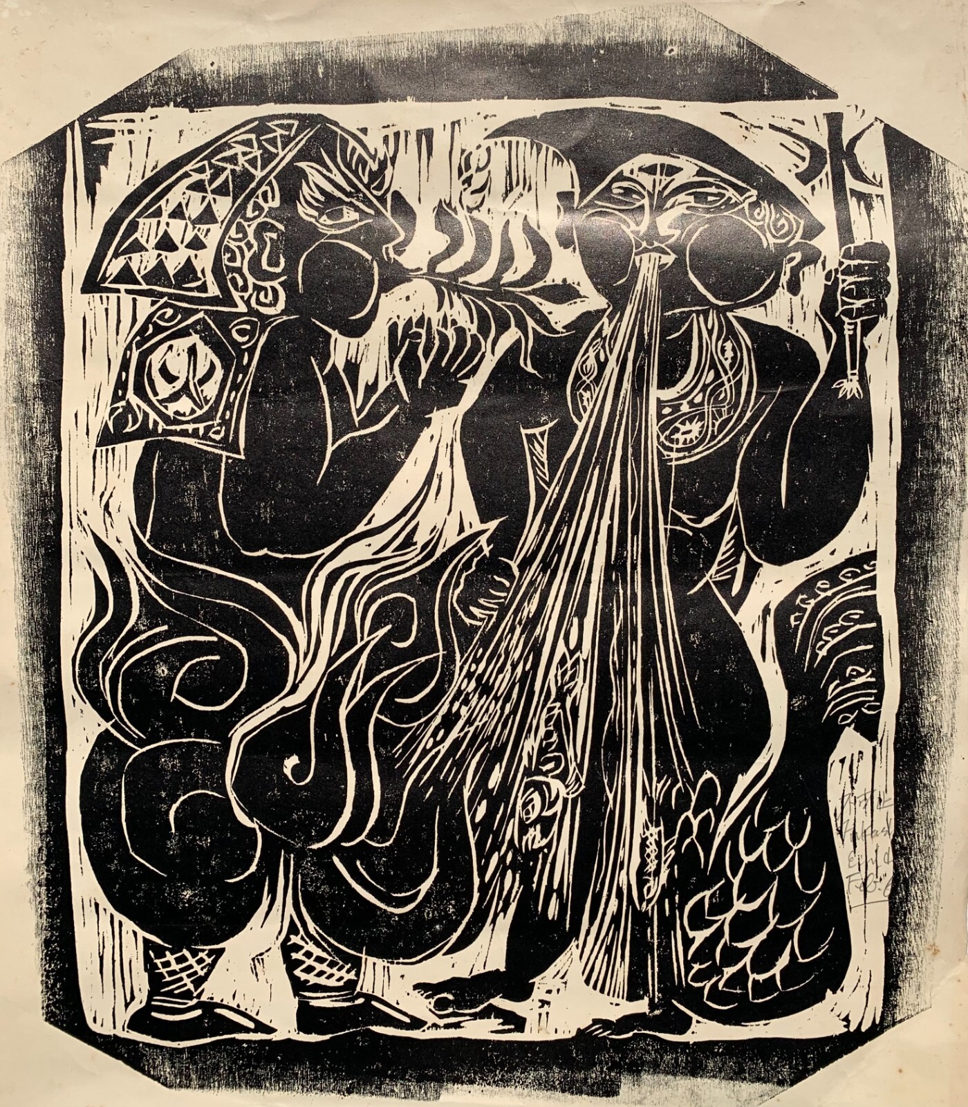 Mid 20th Century Fantastic Ethnic Surrealist Art School Signed Woodblock Print