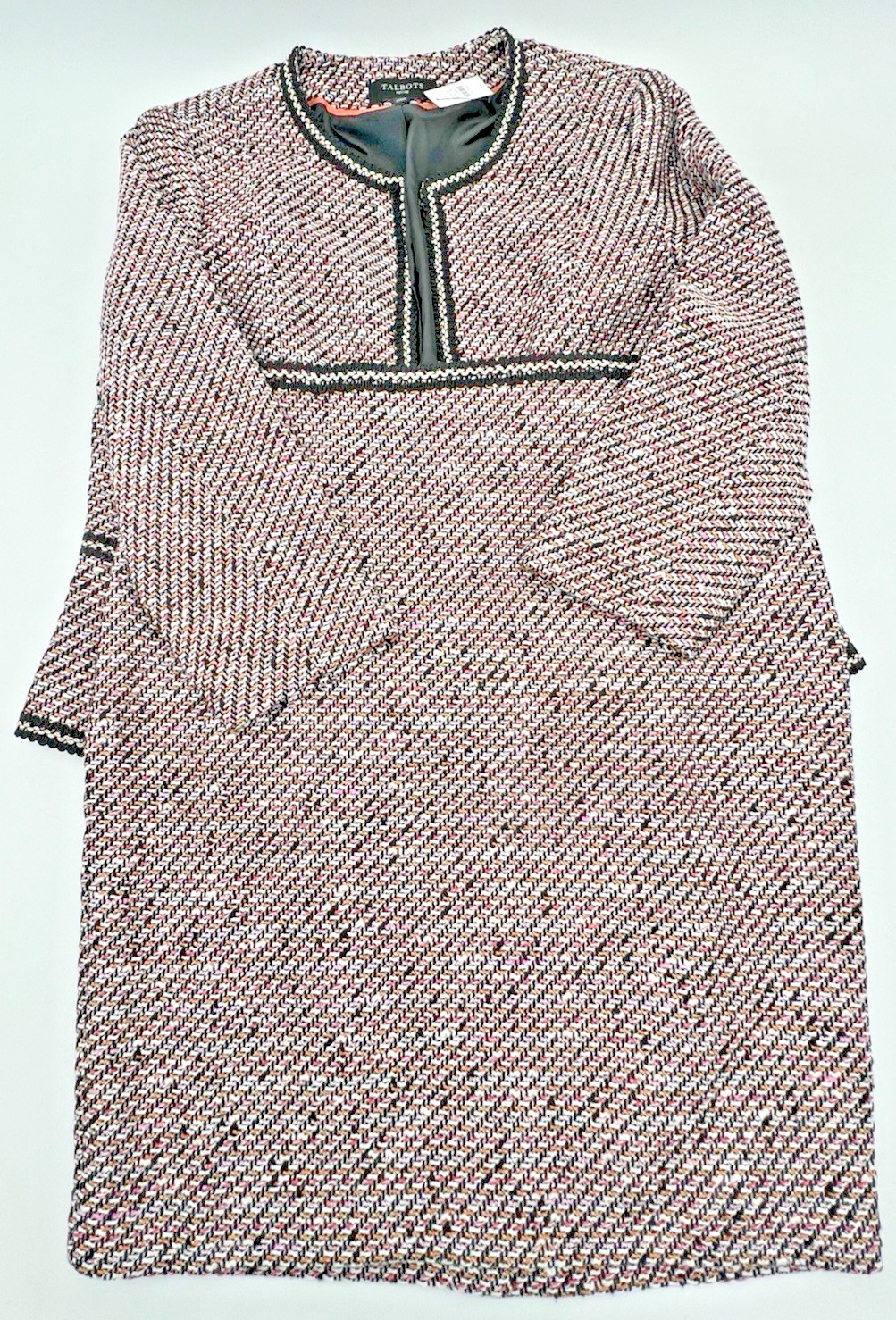 TALBOTS GROSGRAIN TRIM TWEED JACKET SZ 12P & SKIRT SZ 12 PINK & BLACK NWT