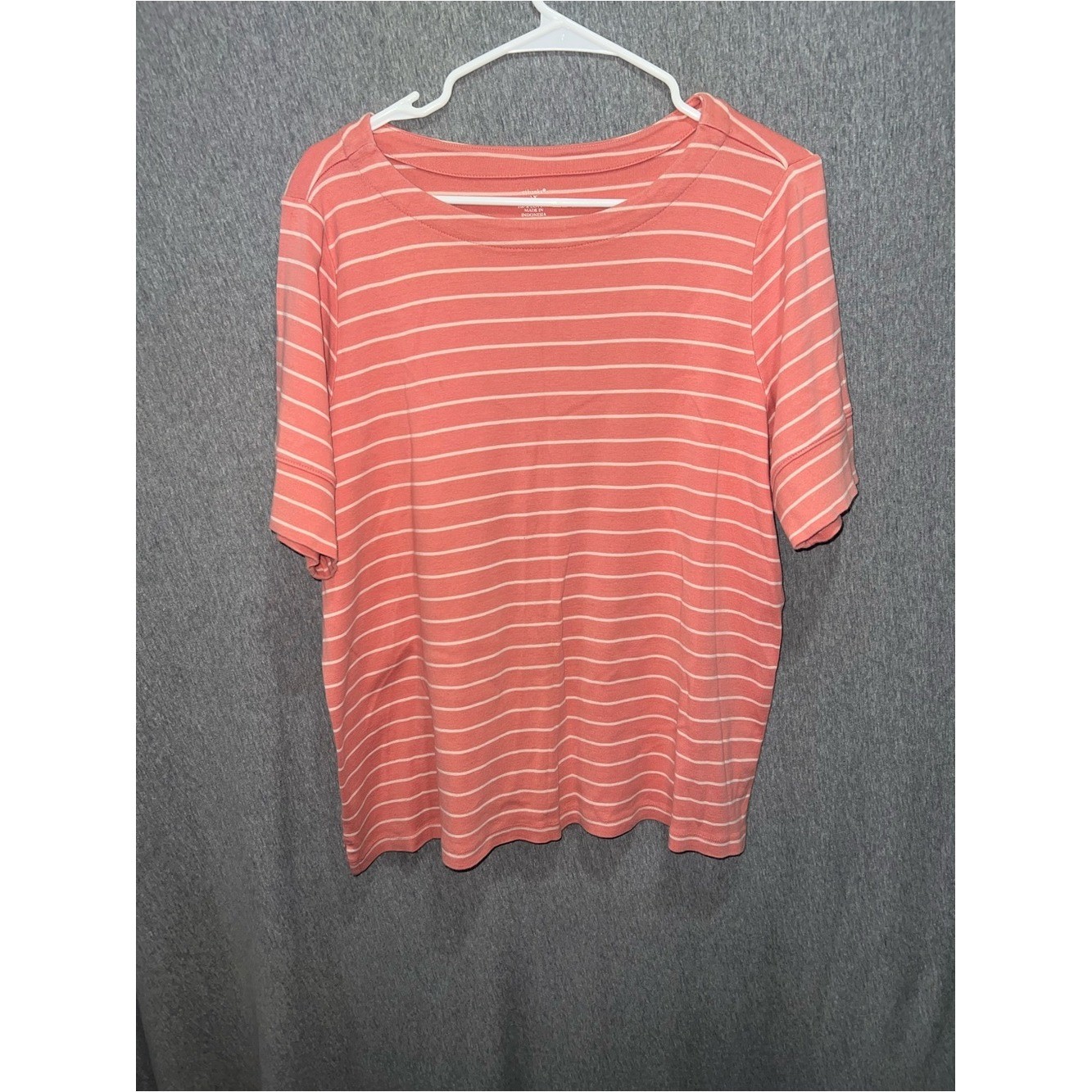 CJ Banks Womens 2X Coral White Striped Short Sleeve Cotton Crew Neck Tee Top