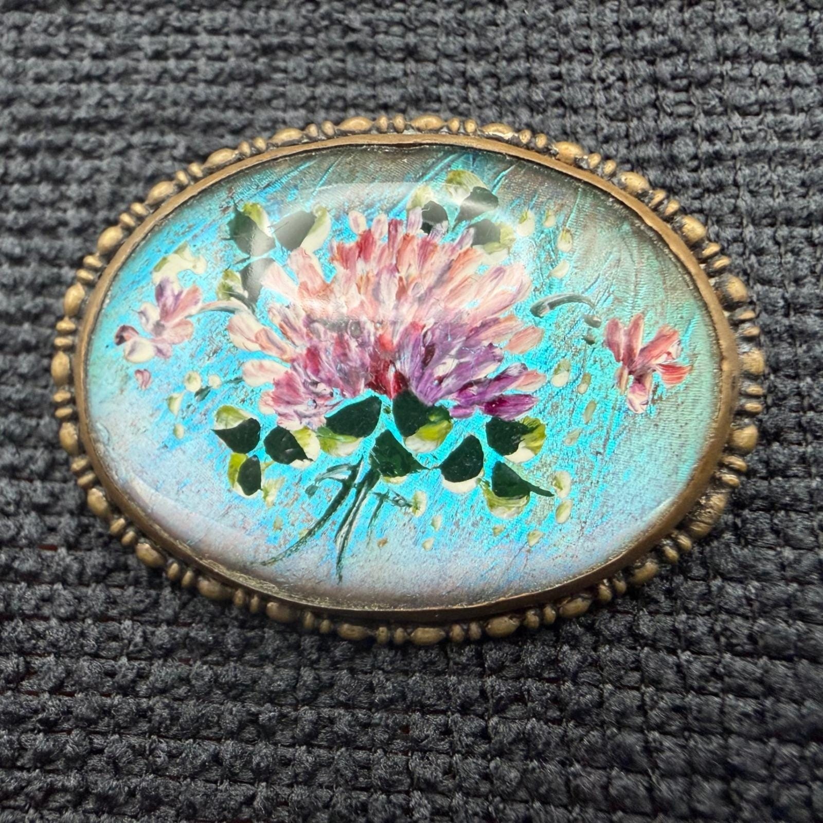 Vintage Hand Painted Brooch Pink Dahlia Flower Morpho Butterfly Wing Glass Top