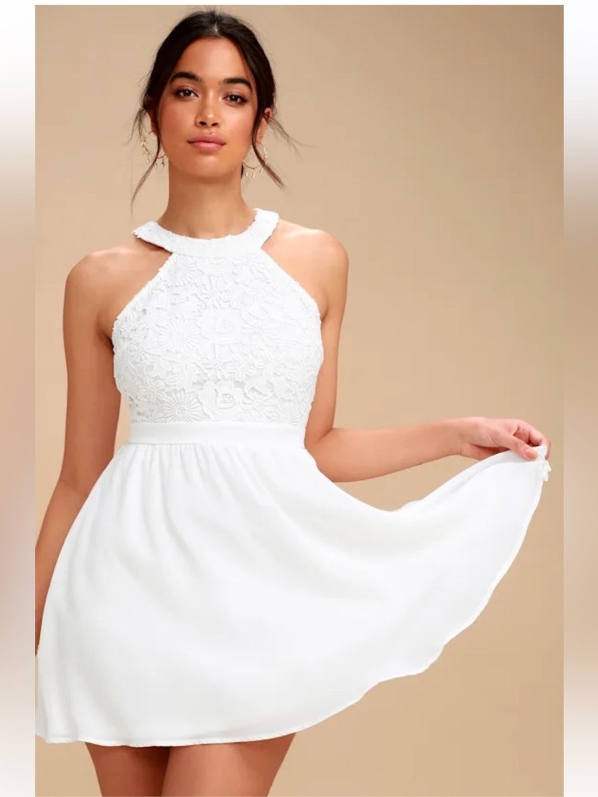 Lulus Lover\'s Game White Lace Skater Dress high neck mini size SM new Lulus Lover\'s Game White Lace Skater Dress high neck mini size SM new