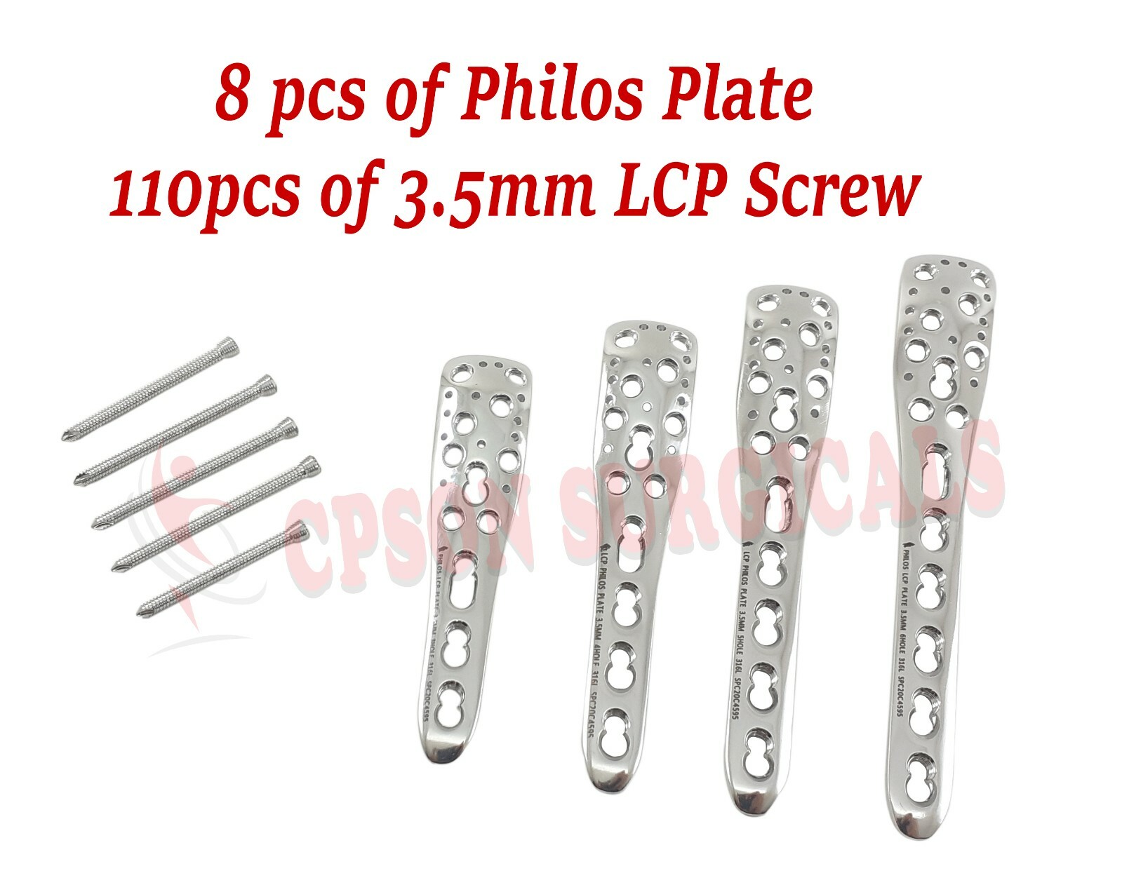 Veterinary Philos Plate 3H to 6H - Pair of each & 3.5mm LCP Screw- 110pcs SS Veterinary Philos Plate 3H to 6H - Pair of each & 3.5mm LCP Screw- 110pcs SS