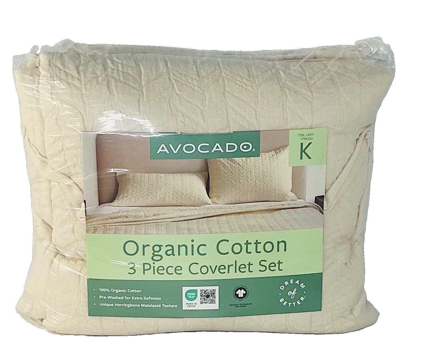 Avocado Herringbone 3-piece Organic Cotton Coverlet Set- KING SIZE