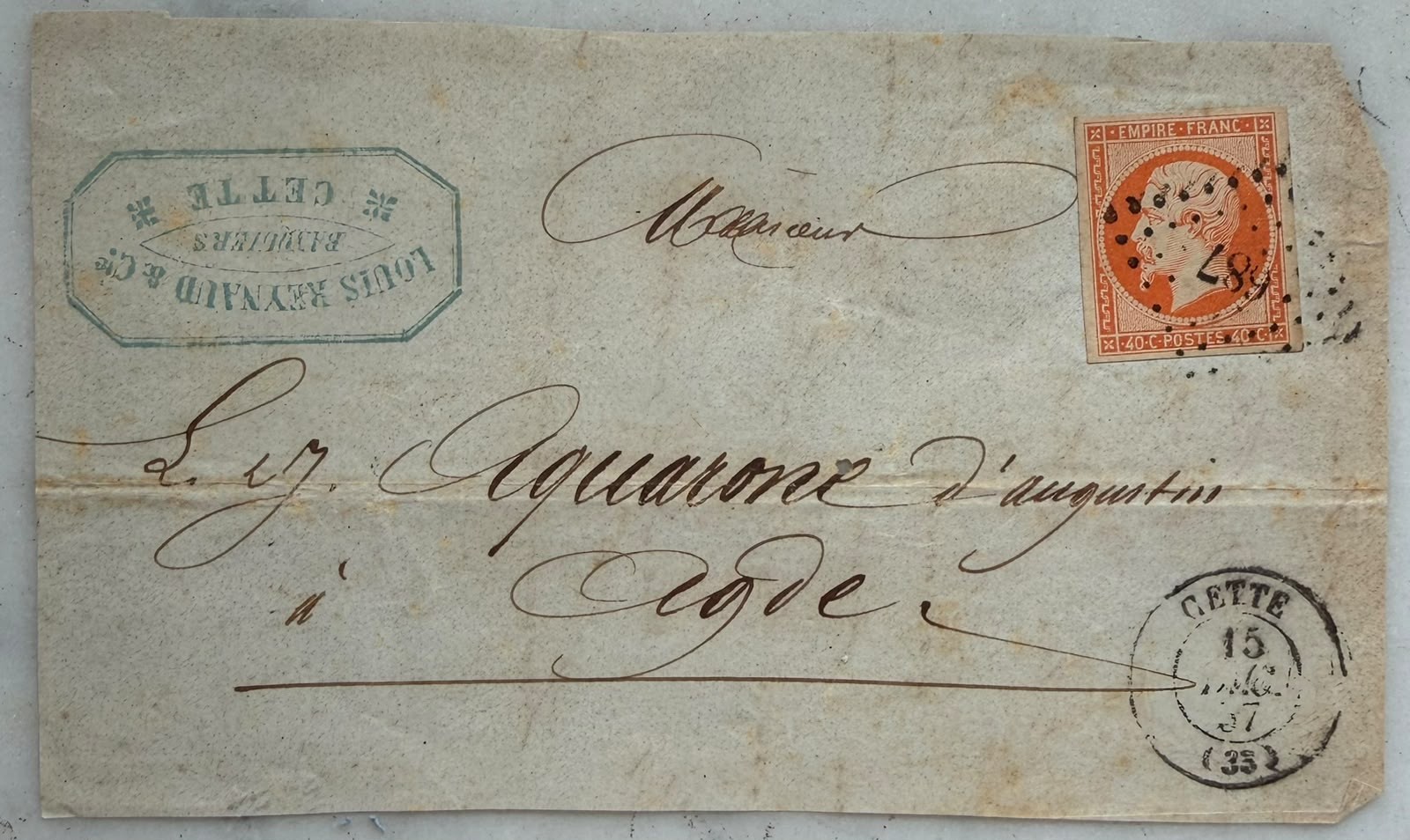 FRANCE 1857 LETTER FRONT 40 c. OBLITERATION 687 FROM CETTE TO ADGE