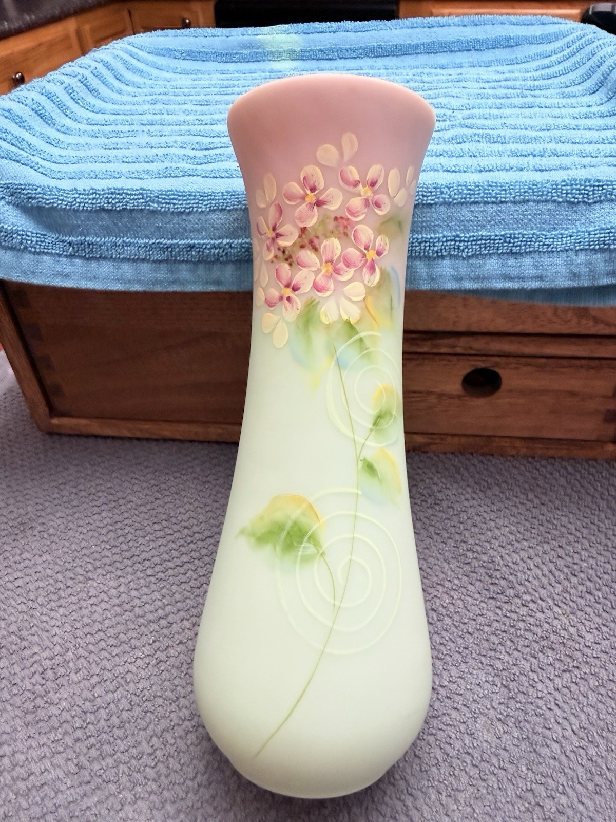 Fenton Lotus Mist Green Pink Burmese Hand Painted Lilacs Vase Fenton Lotus Mist Green Pink Burmese Hand Painted Lilacs Vase