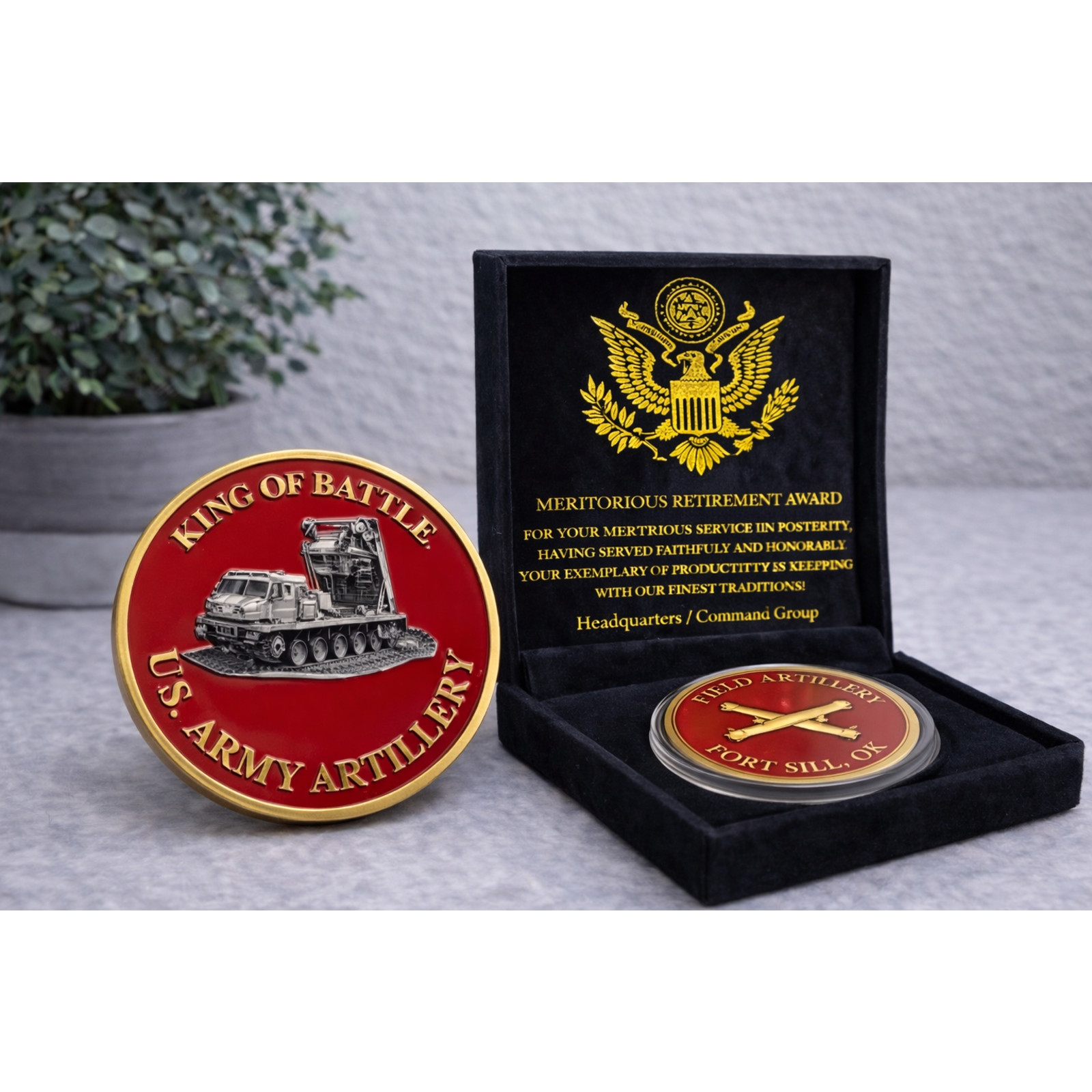 ARMY FIELD ARTILLERY CHALLENGE COIN w/ Retirement Award ARMY FIELD ARTILLERY CHALLENGE COIN w/ Retirement Award
