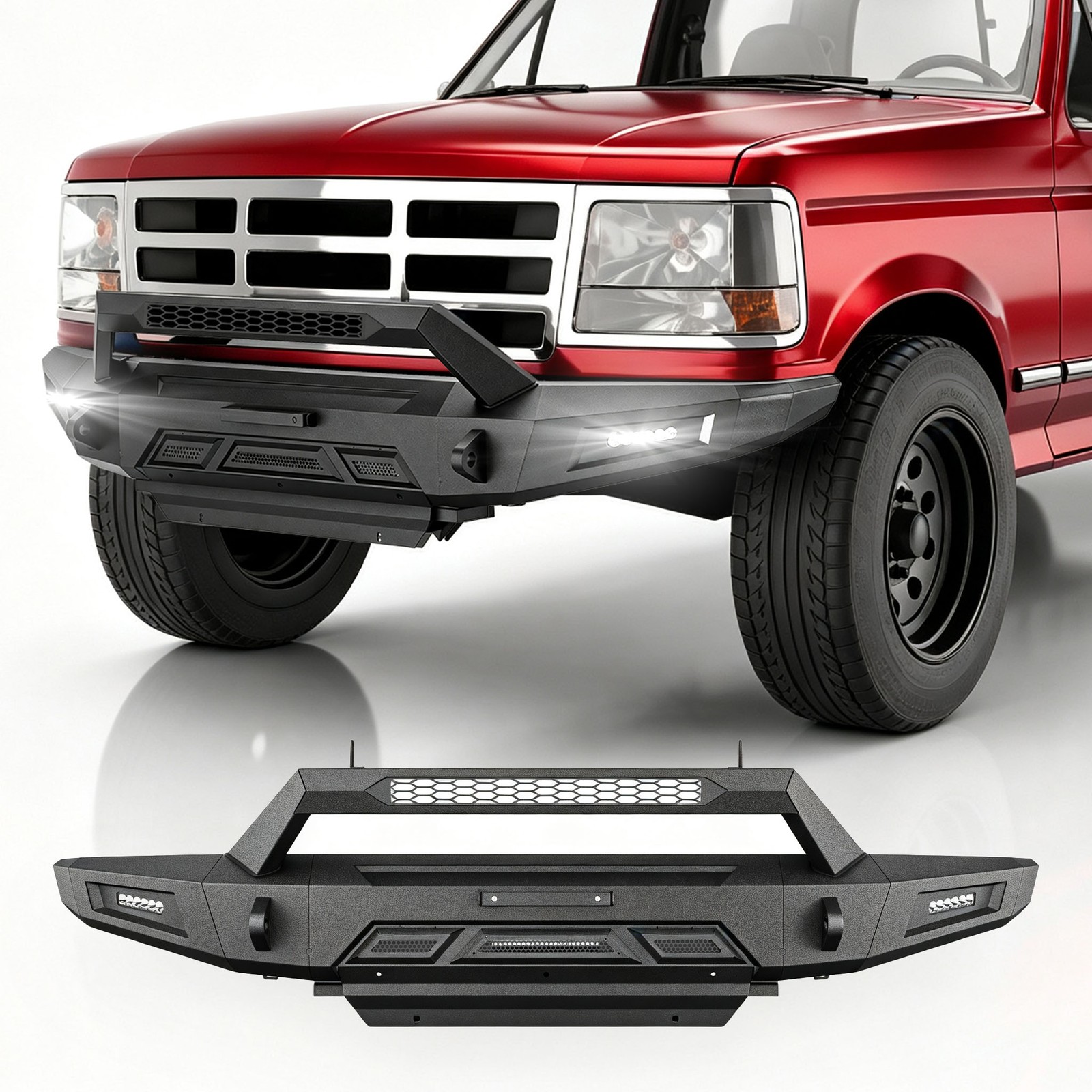 For 1992-1997 Ford F150 F250 F350 Steel Front Bumper w/ Winch Plate LED Lights
