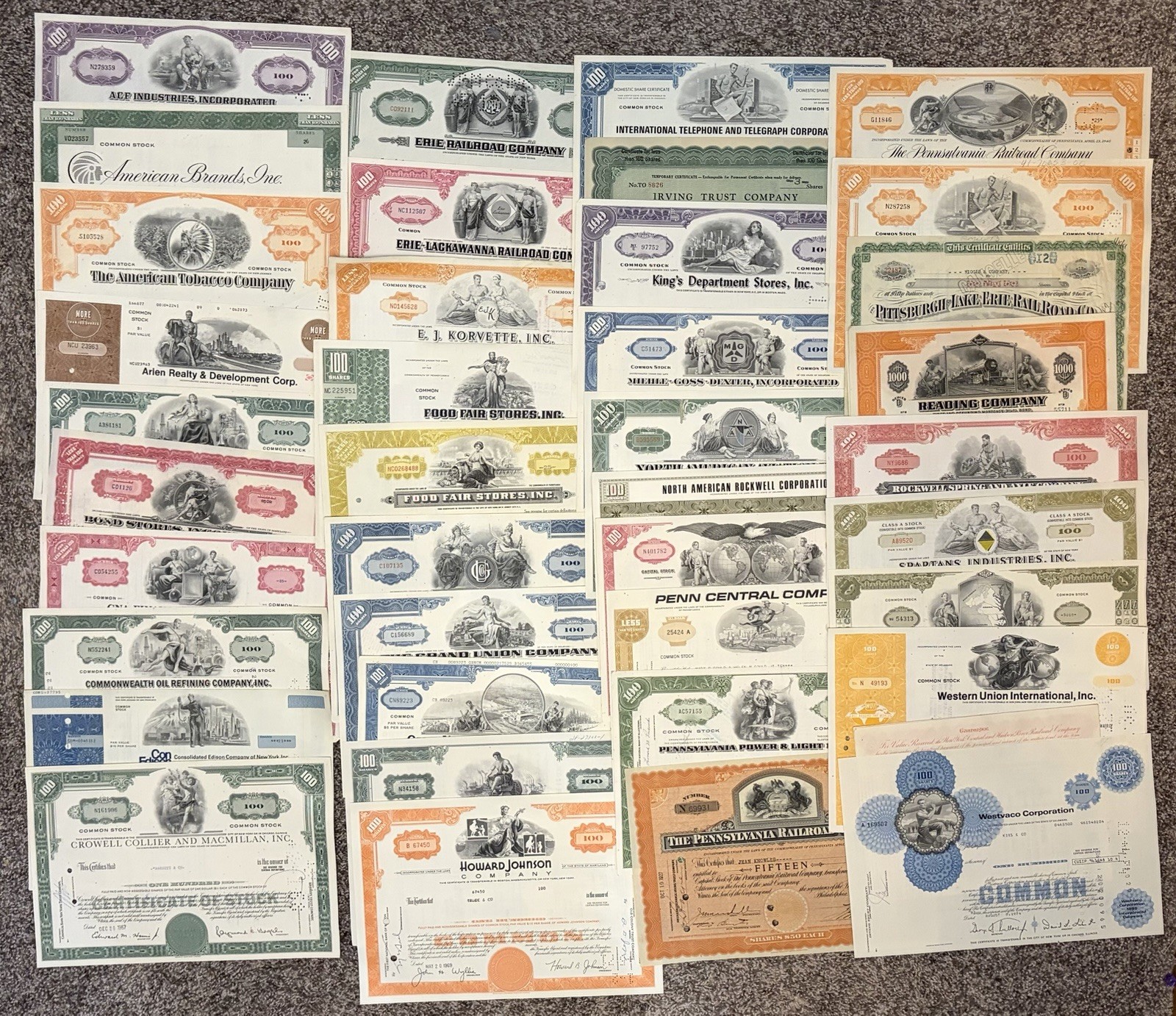 Lot of 40 Different Stock Certificates Various Industries Railroad Oil Lot of 40 Different Stock Certificates Various Industries Railroad Oil