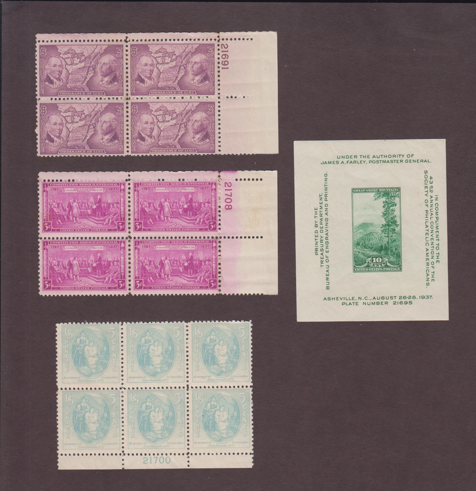 USA, 795, 796, 797, 798, 1937, PLATE BLOCKS, MINT, NH, 1930\'S COLLECTION USA, 795, 796, 797, 798, 1937, PLATE BLOCKS, MINT, NH, 1930\'S COLLECTION