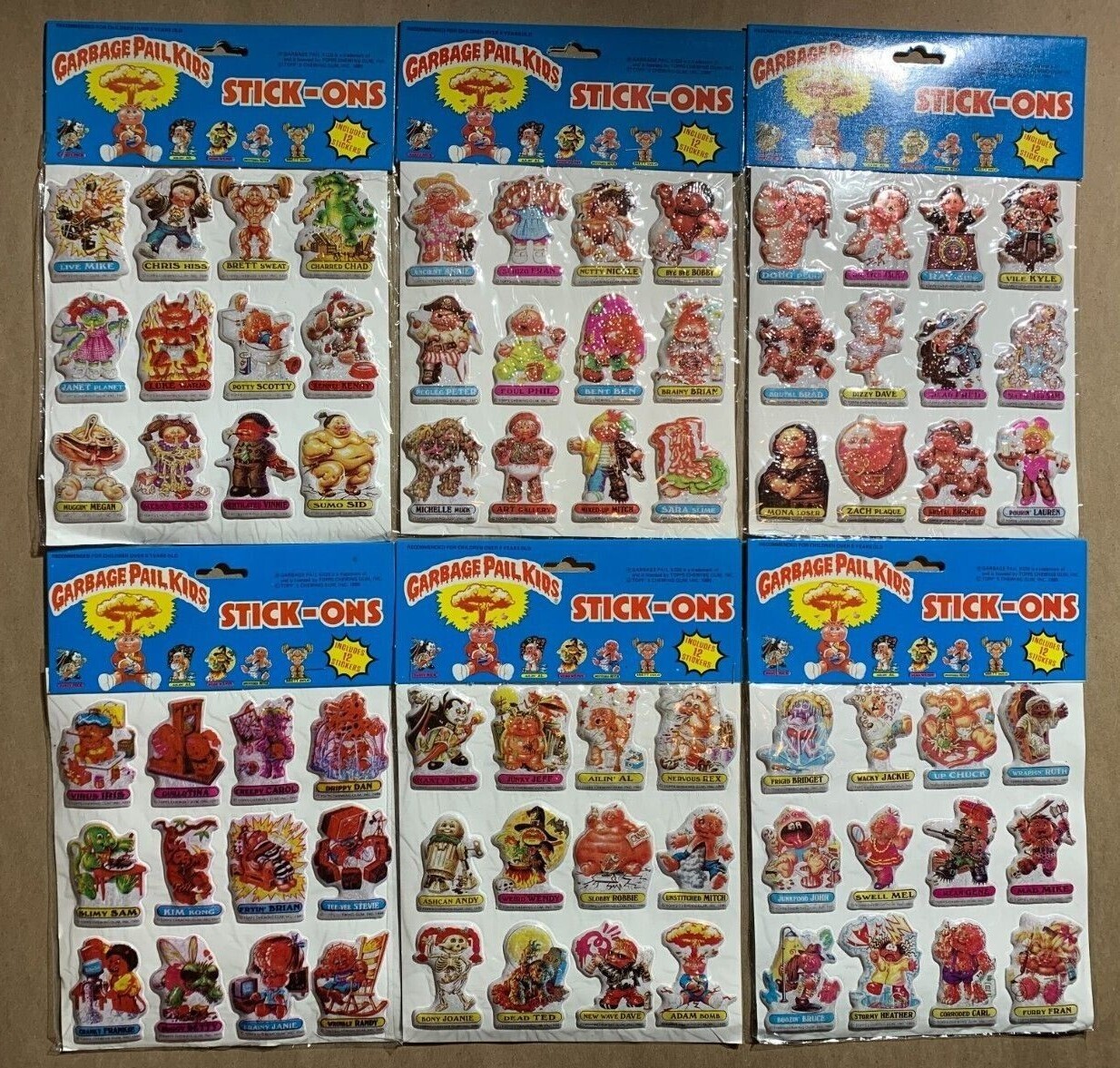 GARBAGE PAIL KIDS 1986 PUFFY STICK ONS COMPLETE DECAL SET of 6 -RARE