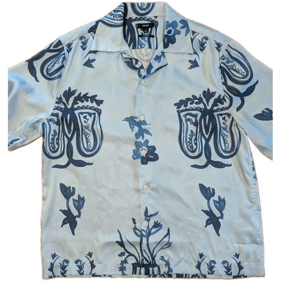 Reiss Button Up Shirt Mens Large Blue Floral Collar Short Sleeve Button Up