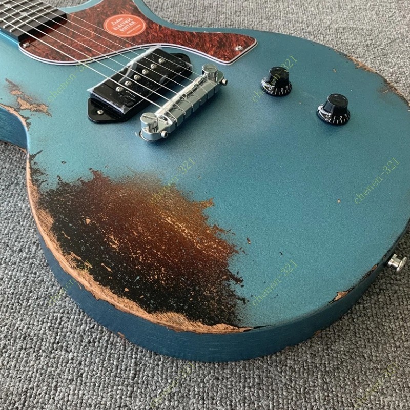 Solid Electric Guitar P-90 Pickup Stainless Rounded Fret Edge Aged Blue No Logo