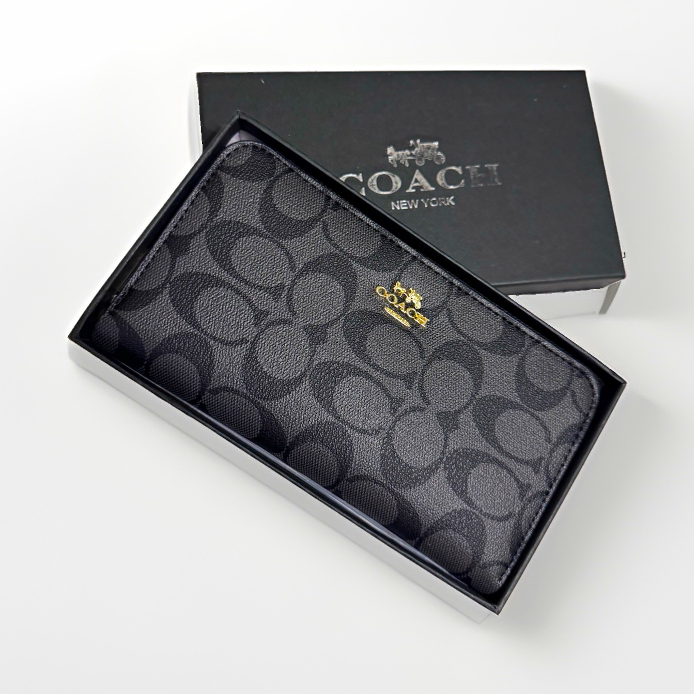 Coach Women’s Black/Gray Logo Zip-Around Wallet with Credit Card Slots Coach Women’s Black/Gray Logo Zip-Around Wallet with Credit Card Slots