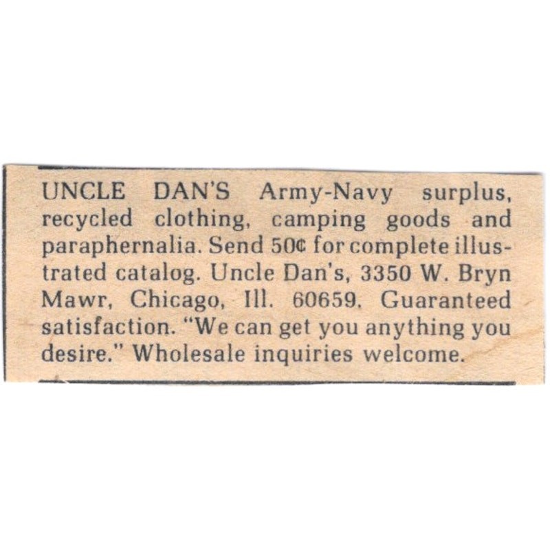 Uncle Dan\'s Army-Navy Surplus Bryn Mawr Chicago IL - 1/2x2 1974 Ad AF6-S7 Uncle Dan\'s Army-Navy Surplus Bryn Mawr Chicago IL - 1/2x2 1974 Ad AF6-S7