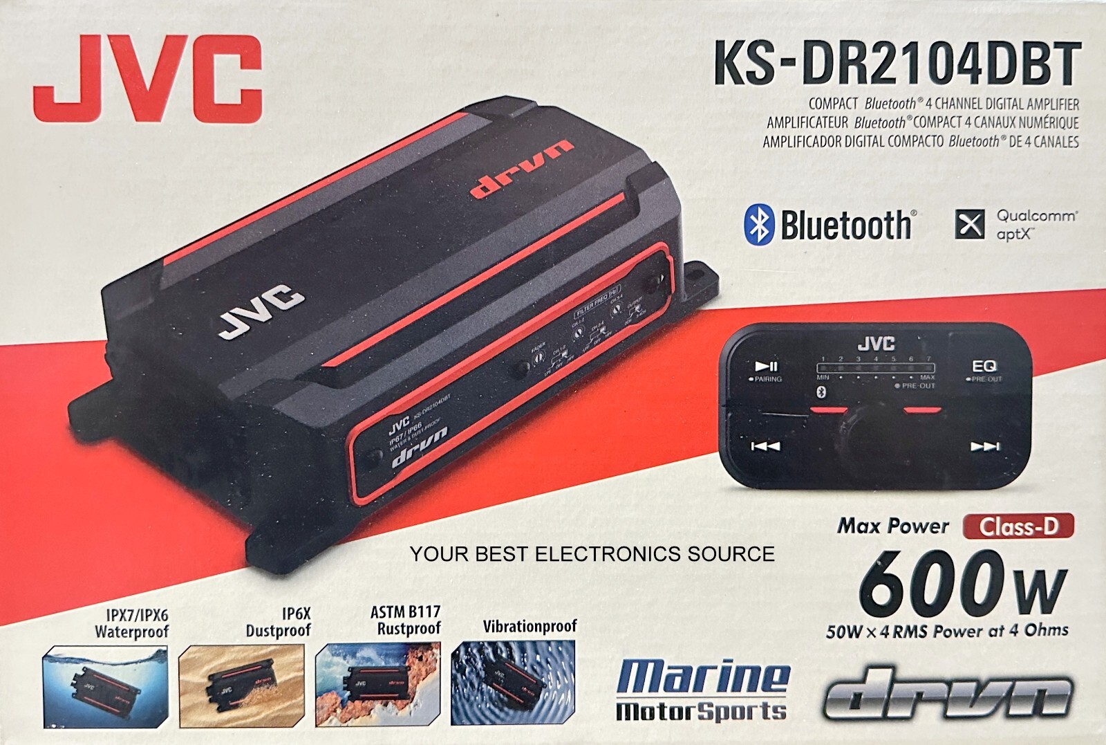 NEW JVC KS-DR2104DBT Compact 4-Channel Marine Amplifier w/ Bluetooth, 50W RMSx4