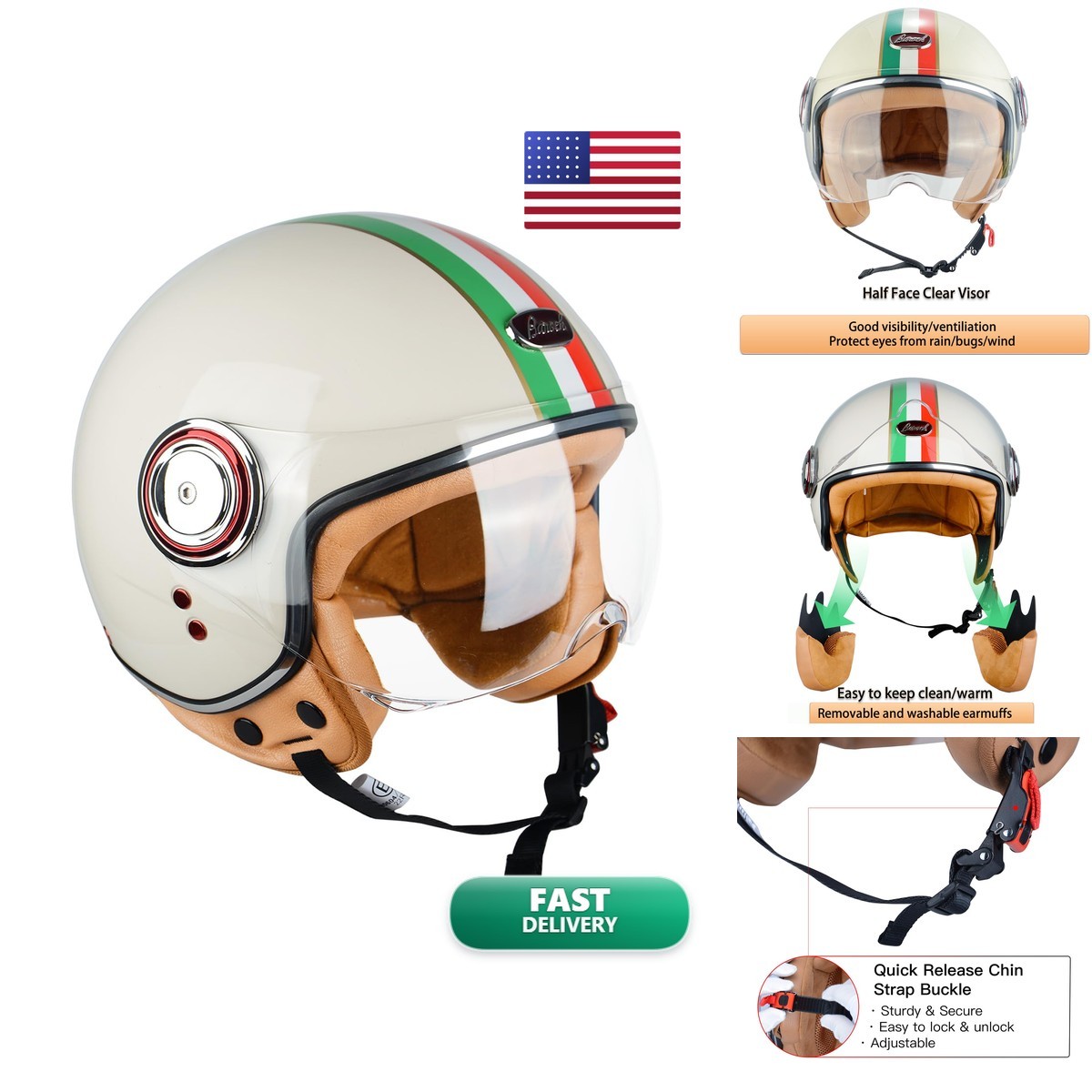 BEON Motorcycle Half Helmet 3/4 Open Face Helmet ECE/DOT Approved Beige Large BEON Motorcycle Half Helmet 3/4 Open Face Helmet ECE/DOT Approved Beige Large