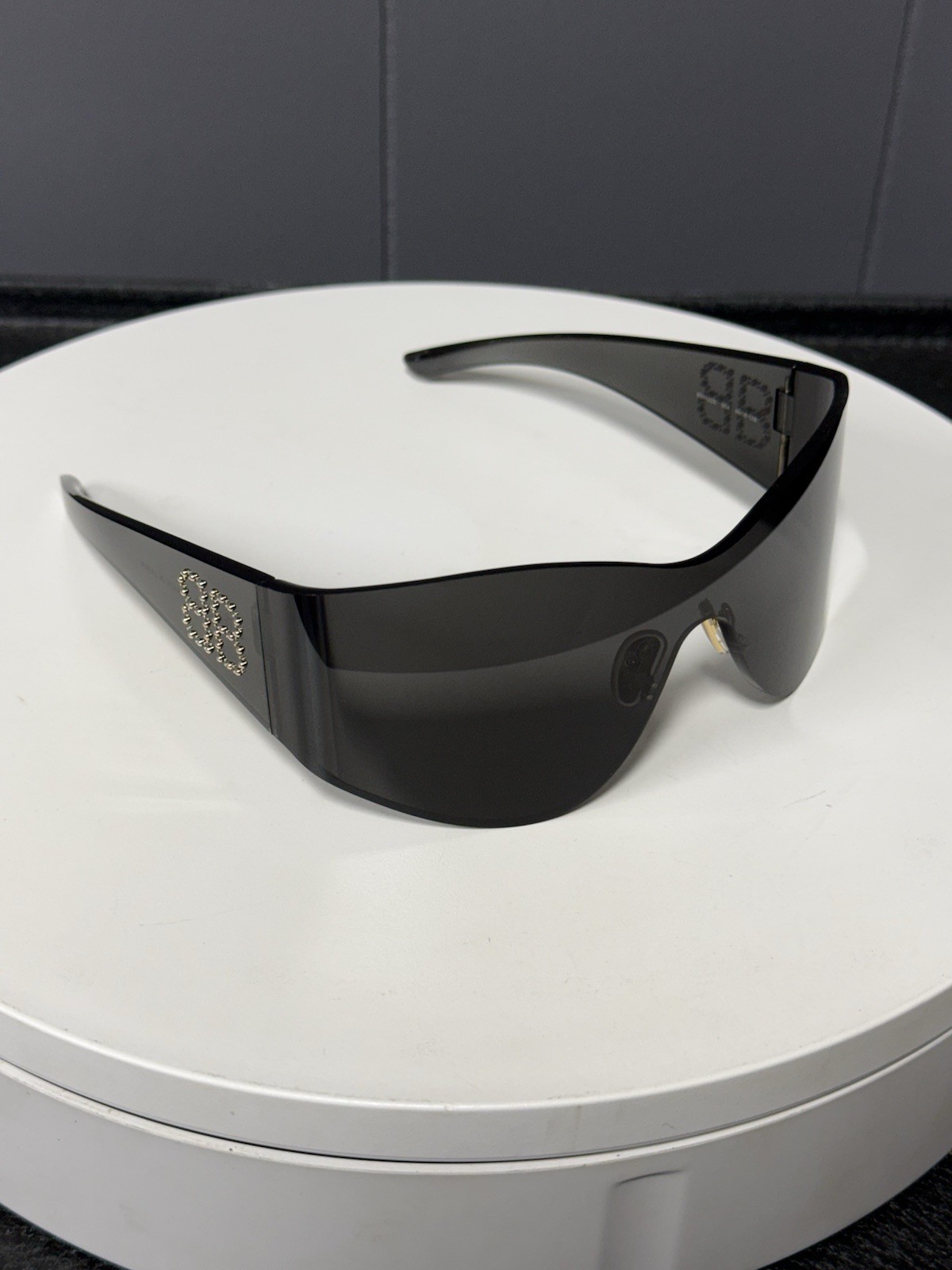 BALENCIAGA BB0122S 004 Black Shield Sunglasses Crystal BB Logo 99mm Japan Made