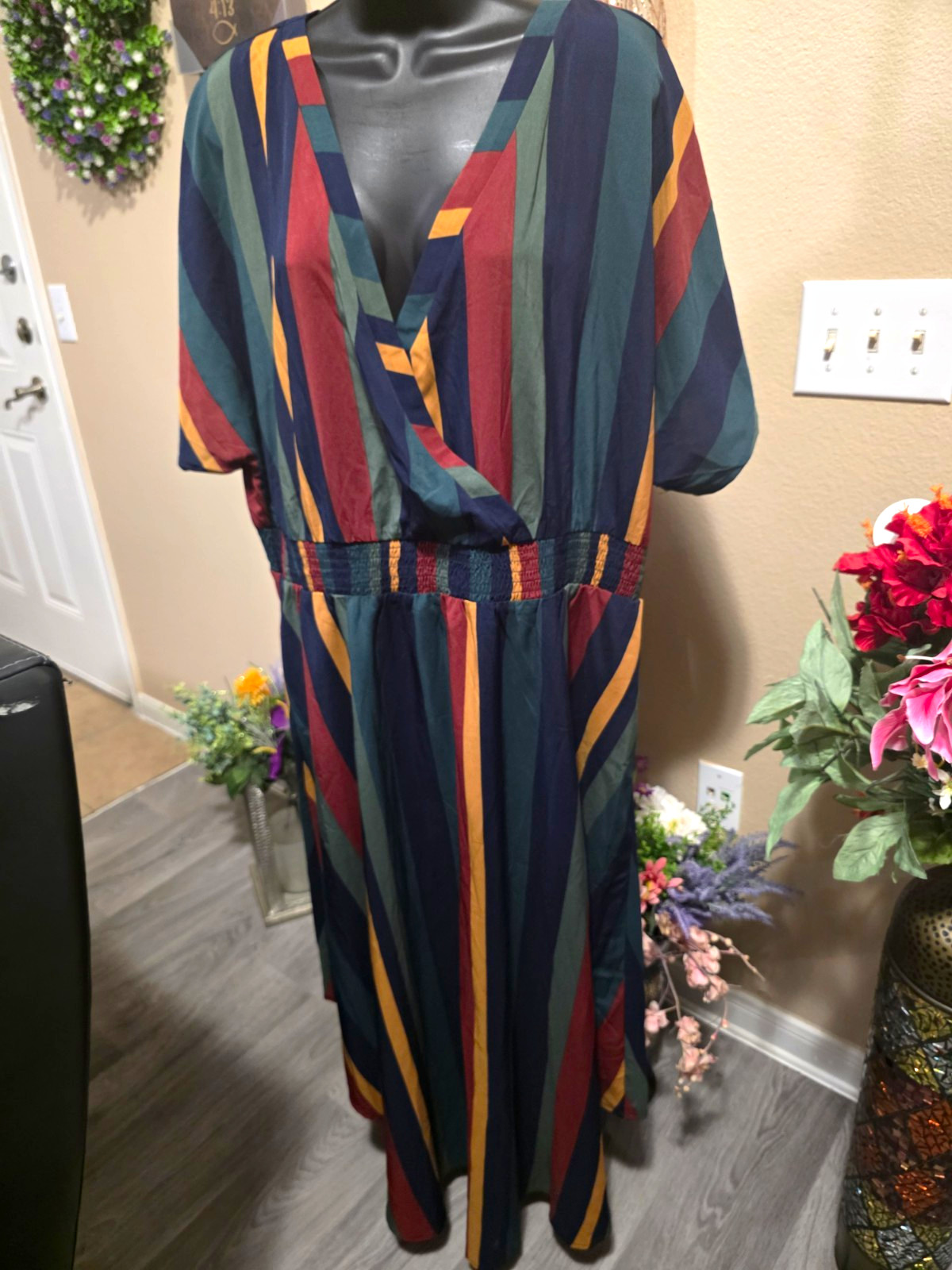BloomChic Women\'s Multicolor Striped V-Neck Short Sleeve Smocked Maxi 22