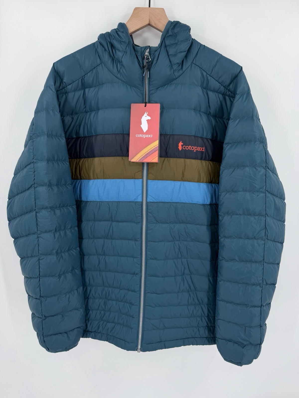 NEW Cotopaxi Fuego Down Hooded Jacket Mens XL Blue Abyss Striped Full Zip Puffer NEW Cotopaxi Fuego Down Hooded Jacket Mens XL Blue Abyss Striped Full Zip Puffer