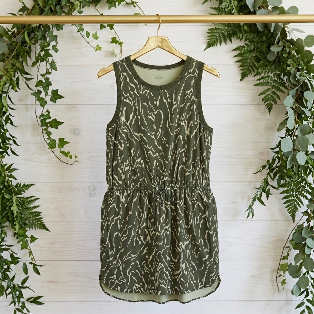 Athleta Rincon Print Dress L Olive Green Abstract Drawstring Waist Lightweight