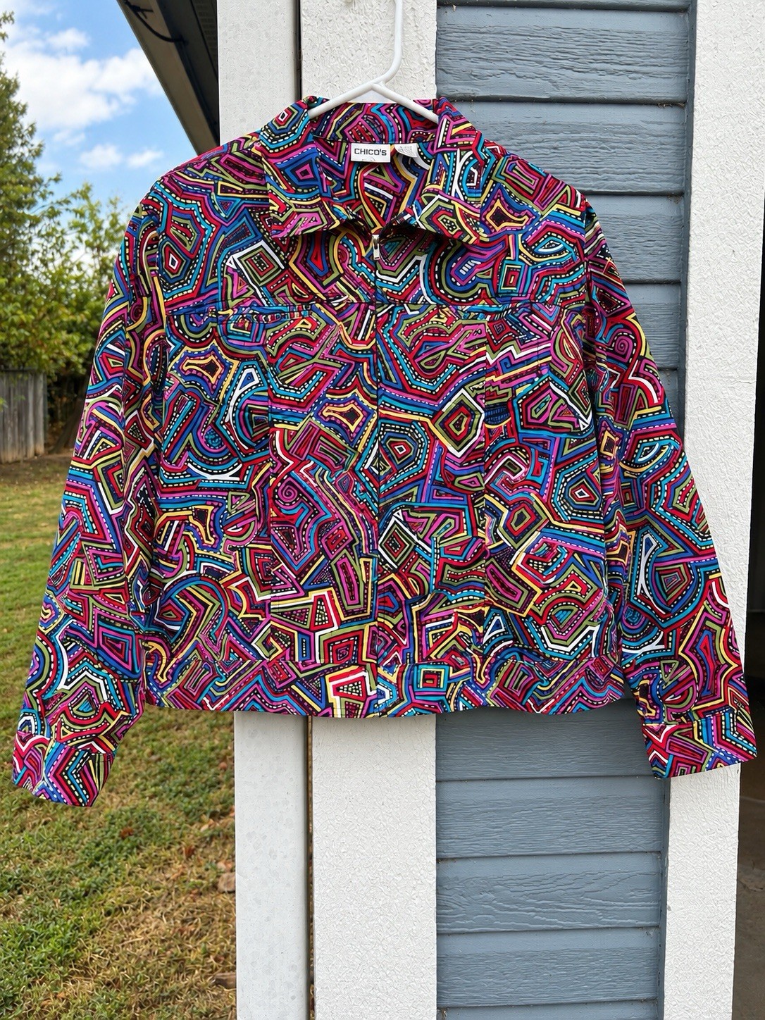 Chico’s Art to Wear Jacket Sz 2 Multicolor Geometric Abstract Zip Front Y2K