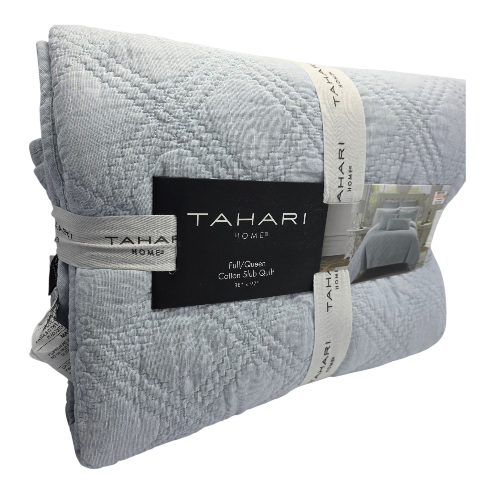 Tahari Cotton Slub Full Queen Quilt Blue Textured Lightweight Bedding