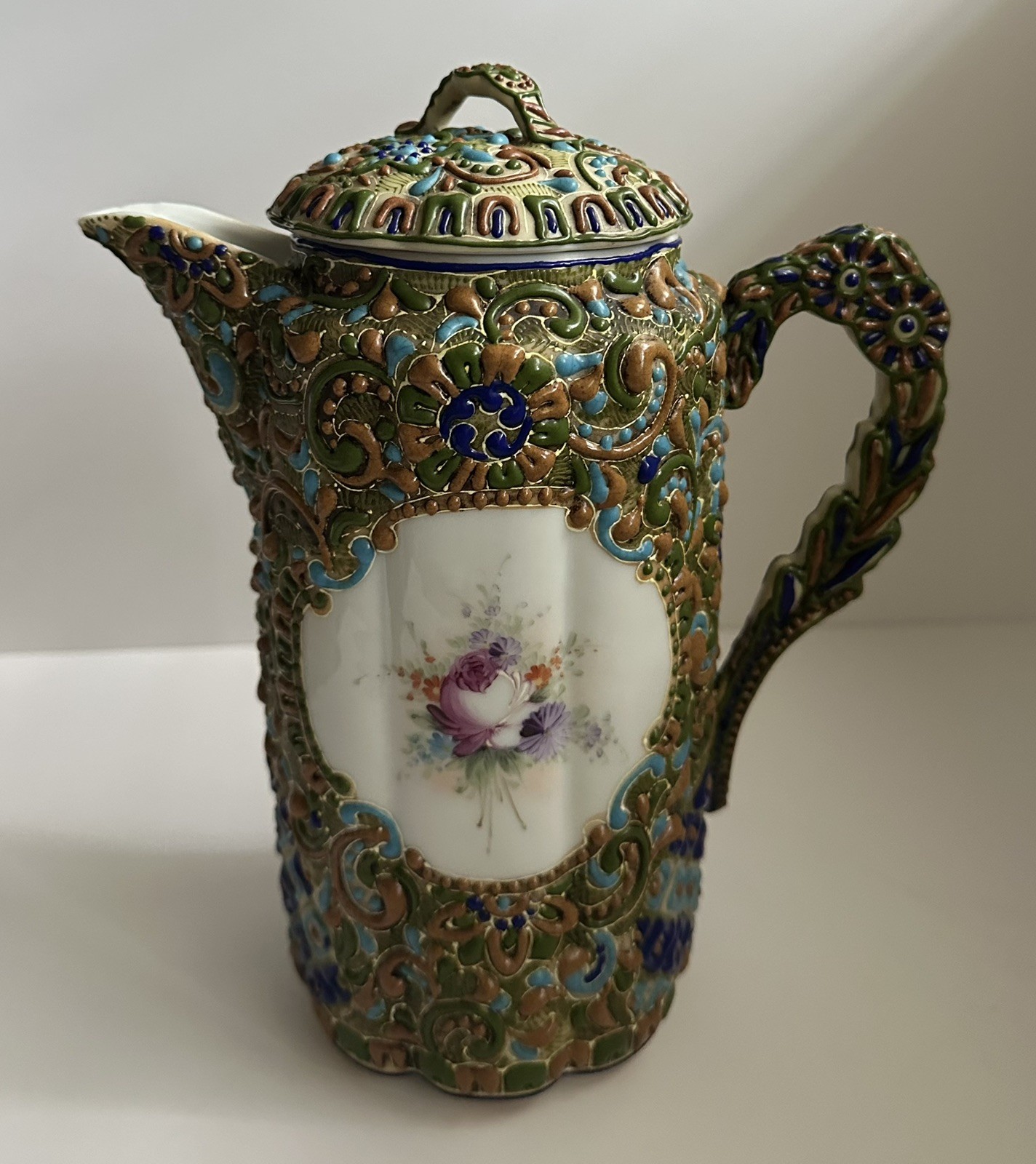 Nippon Moriage Chocolate Pot Antique Porcelain FLUTED RIBBED Hand Painted Nippon Moriage Chocolate Pot Antique Porcelain FLUTED RIBBED Hand Painted