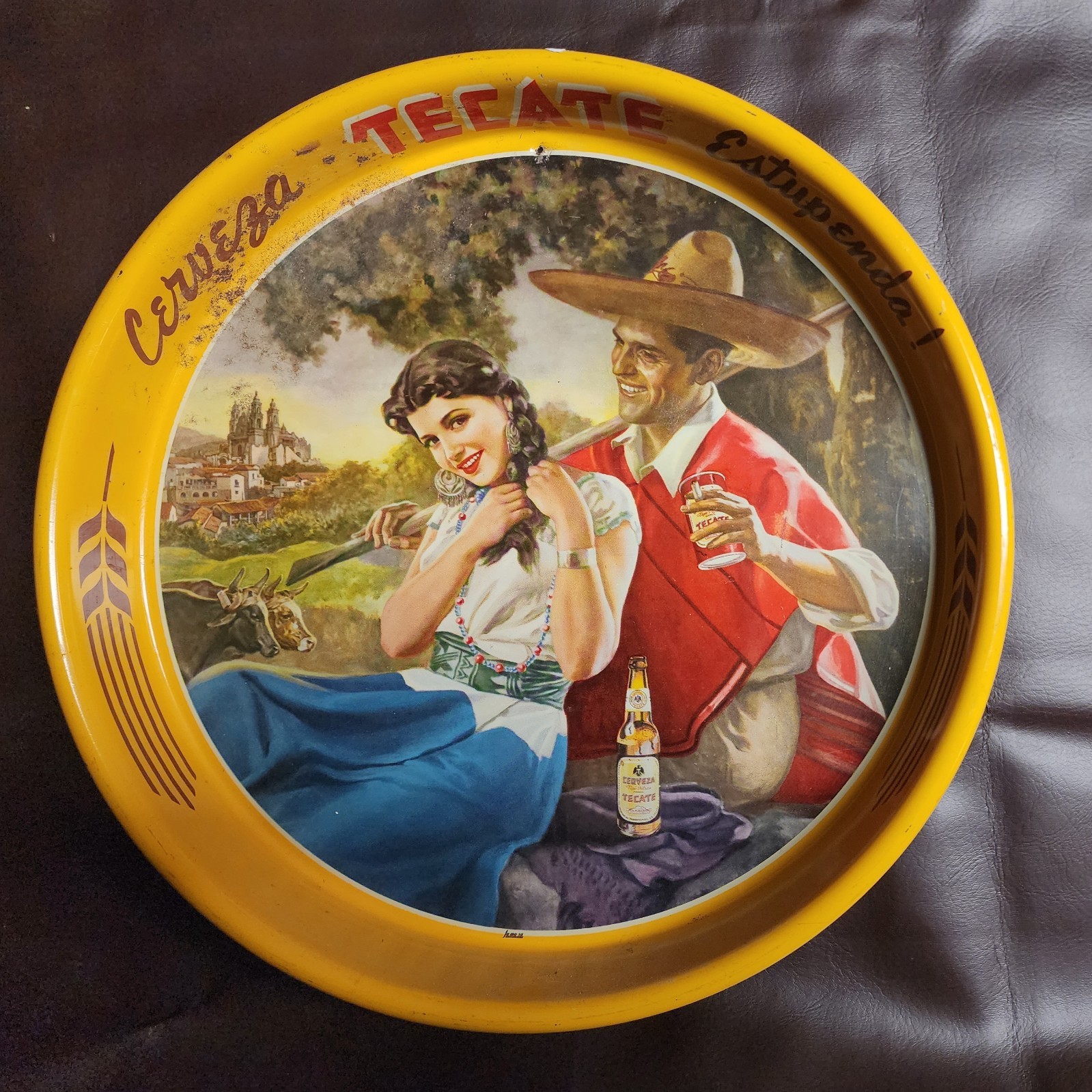 Vintage Cerveza Tecate Beer Tray Lovely Lady and Man in Poncho Circa 13 3/8\ Vintage Cerveza Tecate Beer Tray Lovely Lady and Man in Poncho Circa 13 3/8\