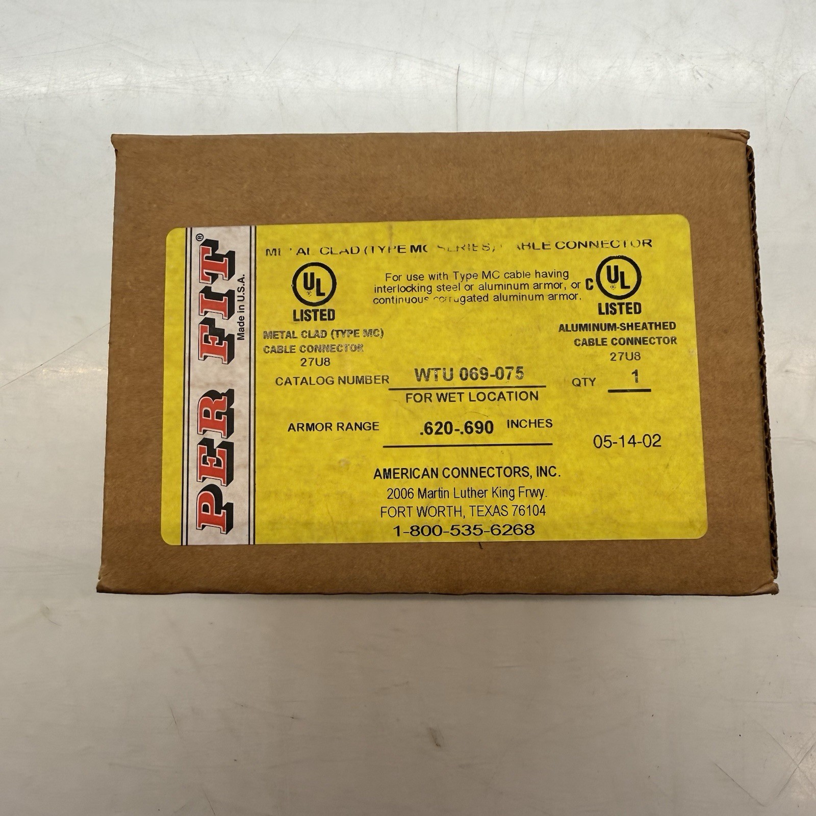AMERICAN CONNECTORS PER FIT WTU 069-075, WATER TIGHT MC CABLE CONNECTOR, 1 pc AMERICAN CONNECTORS PER FIT WTU 069-075, WATER TIGHT MC CABLE CONNECTOR, 1 pc