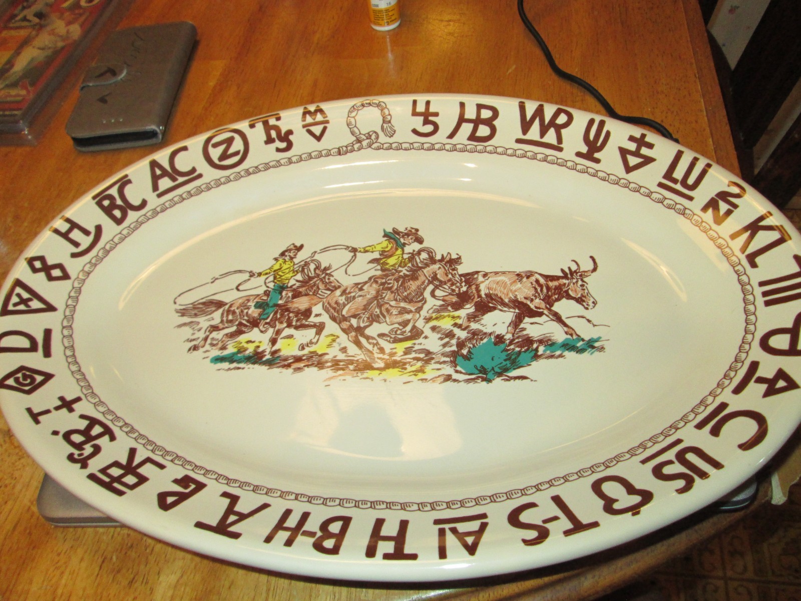True West Westward Ho Rodeo Pattern Oval Ceramic Serving  Platter, 15 1/2