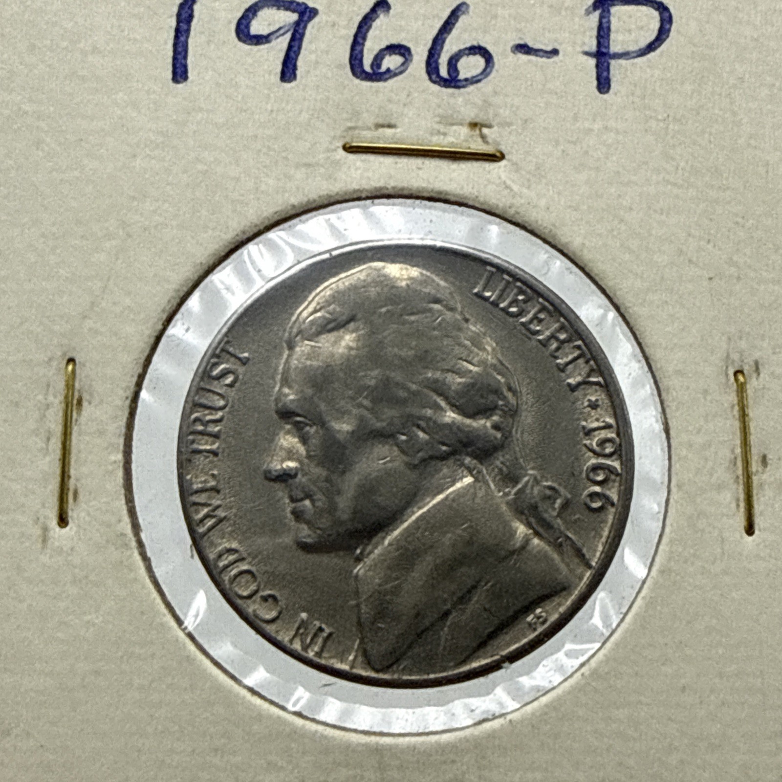 1966 P Jefferson Nickel Brilliant Uncirculated BU In Cardboard 2x2 Coin Flip