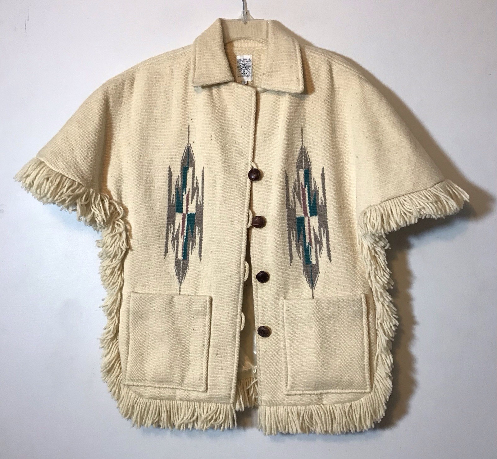 Vintage Ortega\'s Chimayo 100% Wool Handwoven Southwest Aztec Fringe Poncho Small