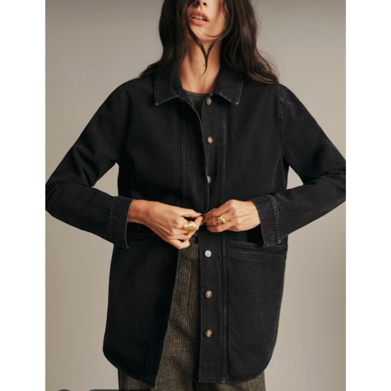 Sézane Will Jacket Black Denim Button Front Utility Jacket Size Medium NWT
