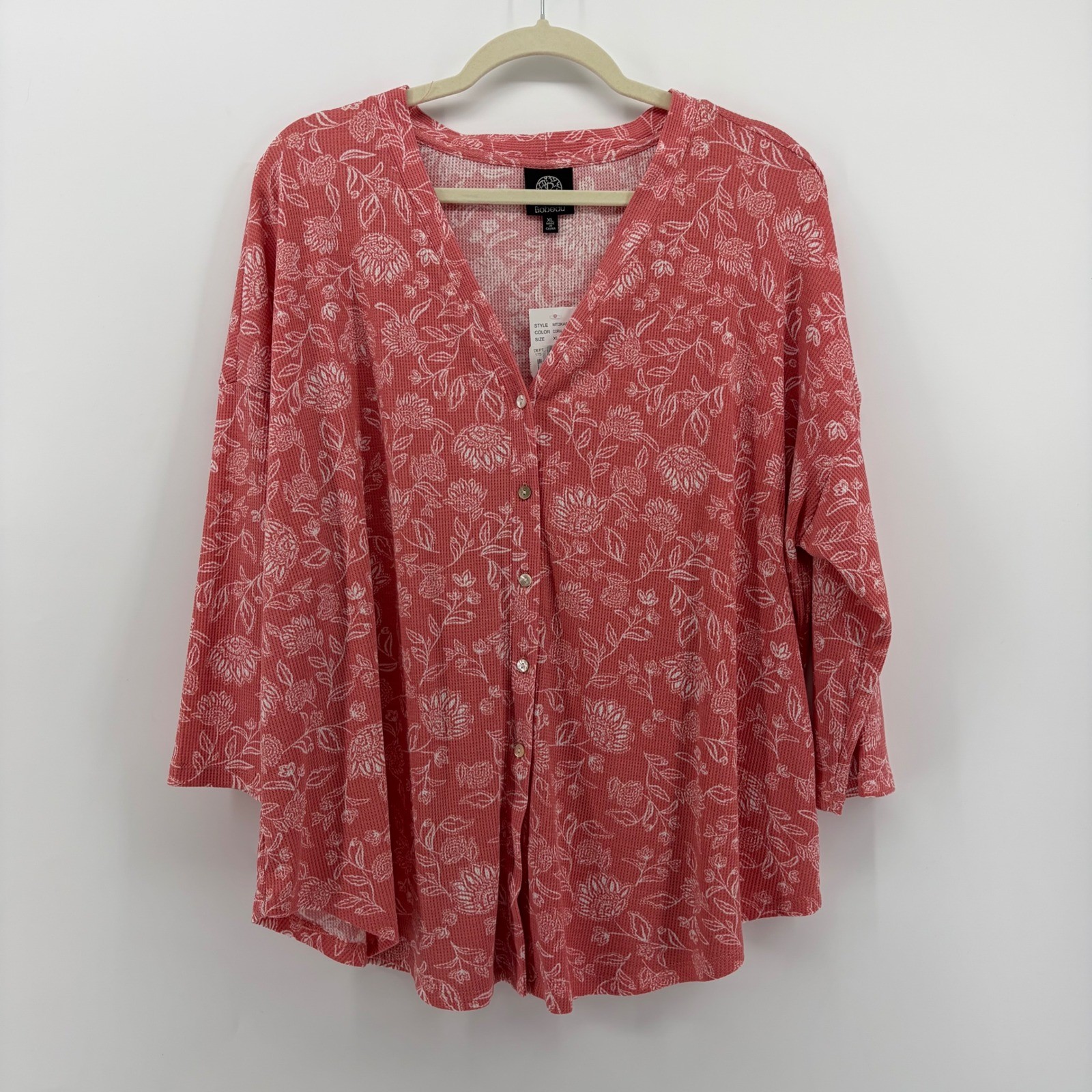 Bobeau Womens XL Coral Pink Ivory Floral Print Waffle Knit Button Front Top