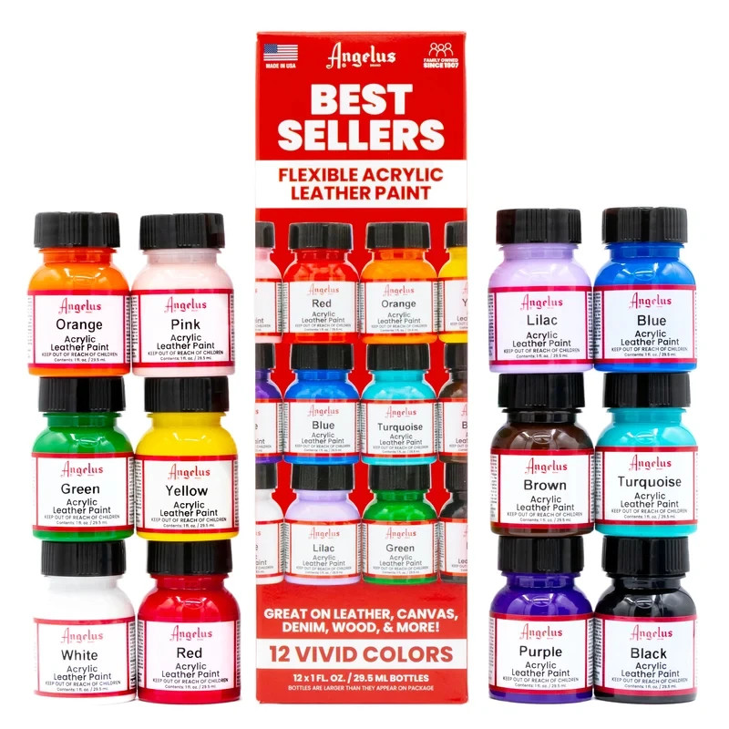 Angelus Acrylic Leather Paint Best Sellers Kit (12 Colors / 1 oz)